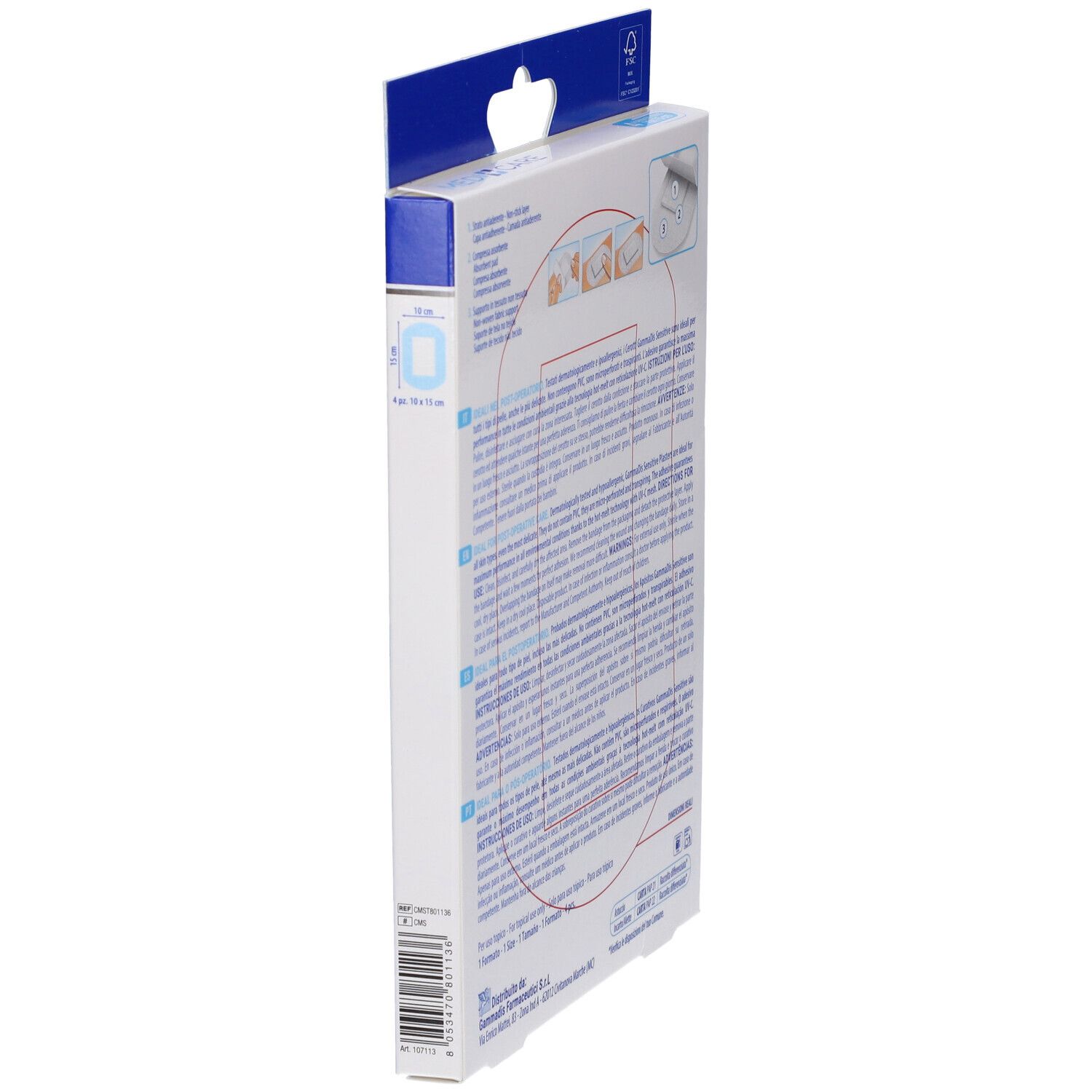 Seitenansicht der MEDICARE CEROTTI SOFT Verpackung. Text und Illustrationen. Logo GammaDis.