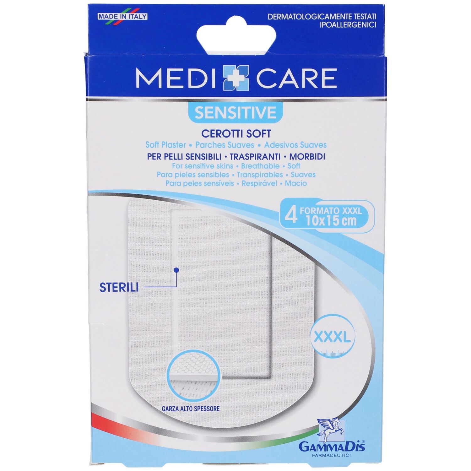 Verpackung mit MEDICARE CEROTTI SOFT. Enthält 4 Pflaster, Format 10x15cm. Aufschrift: Sensitive, Sterili, XXXL.