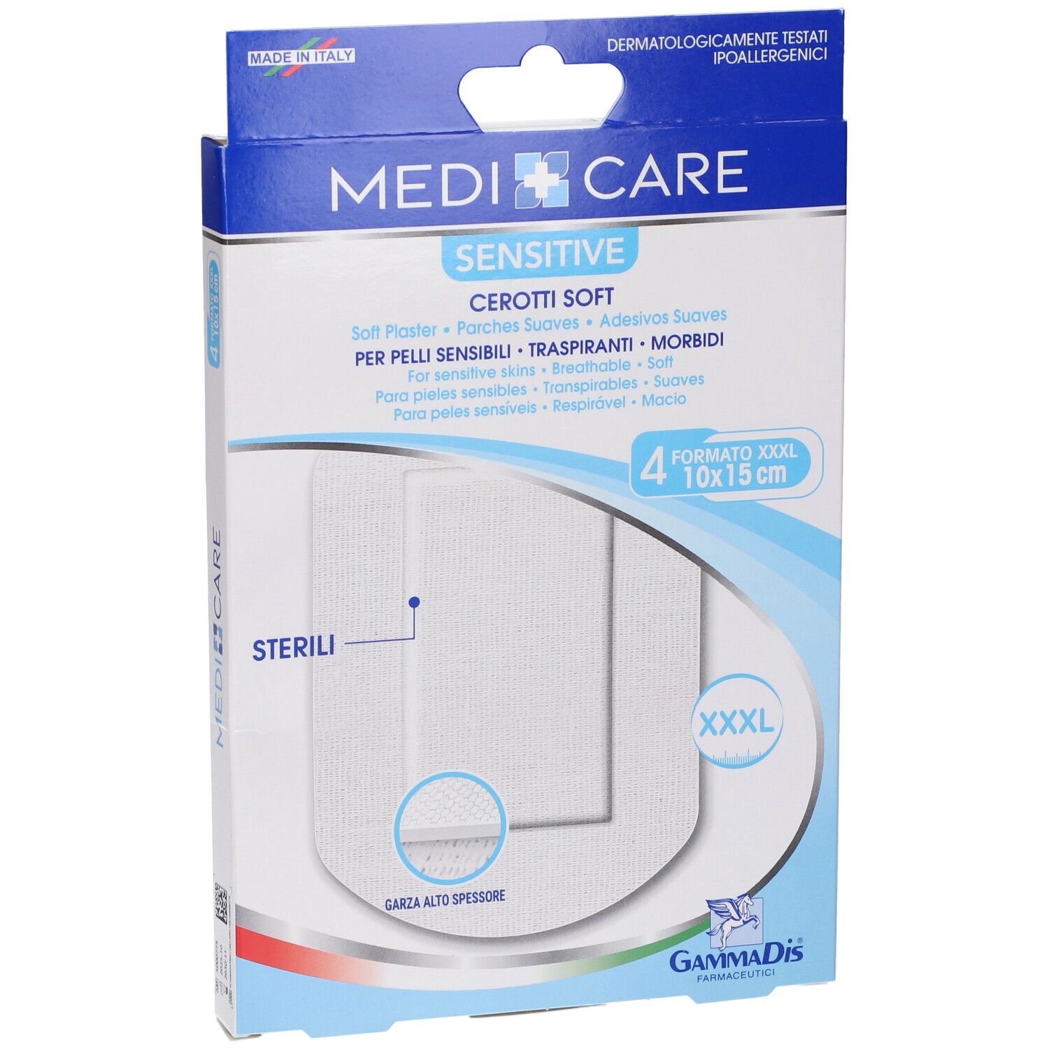 Schrägansicht der MEDICARE CEROTTI SOFT Verpackung. Zeigt das Produkt und die Aufschrift: Sensitive, Sterili, XXXL, 4x10x15cm.