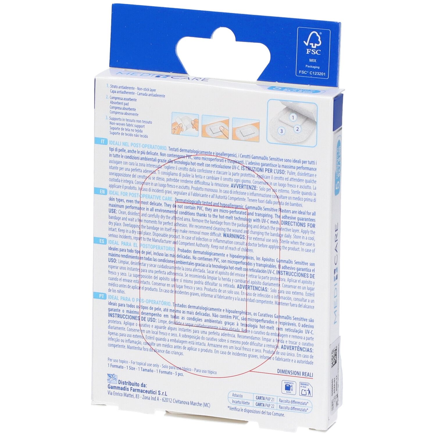 Rückseite der Verpackung. Text in mehreren Sprachen. Informationen zur Anwendung und Warnhinweise.