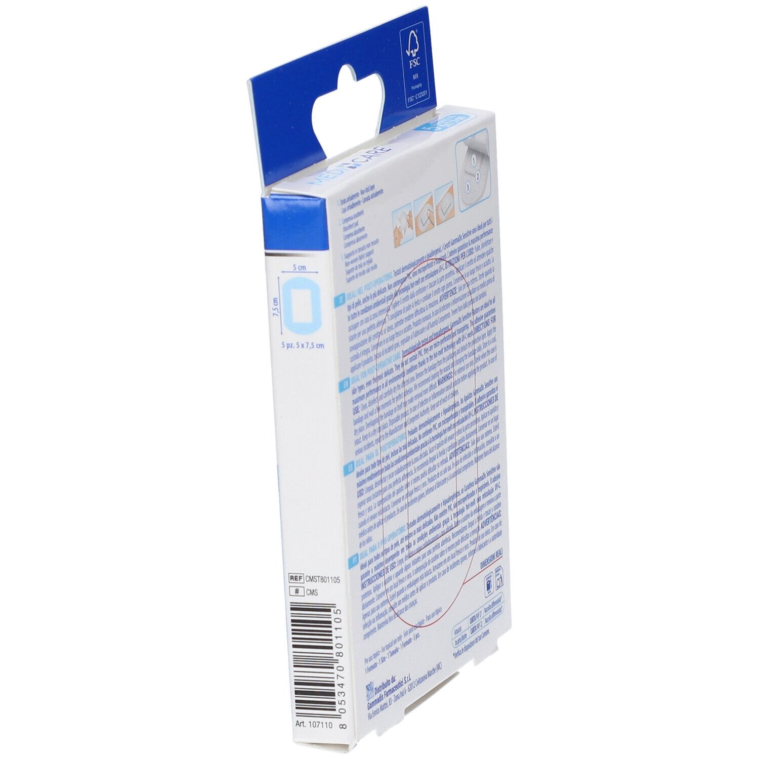 Seitenansicht der Verpackung. Text und Abbildungen. Marke Medicare Sensitive. 5 Pflaster, 5x7,5 cm.