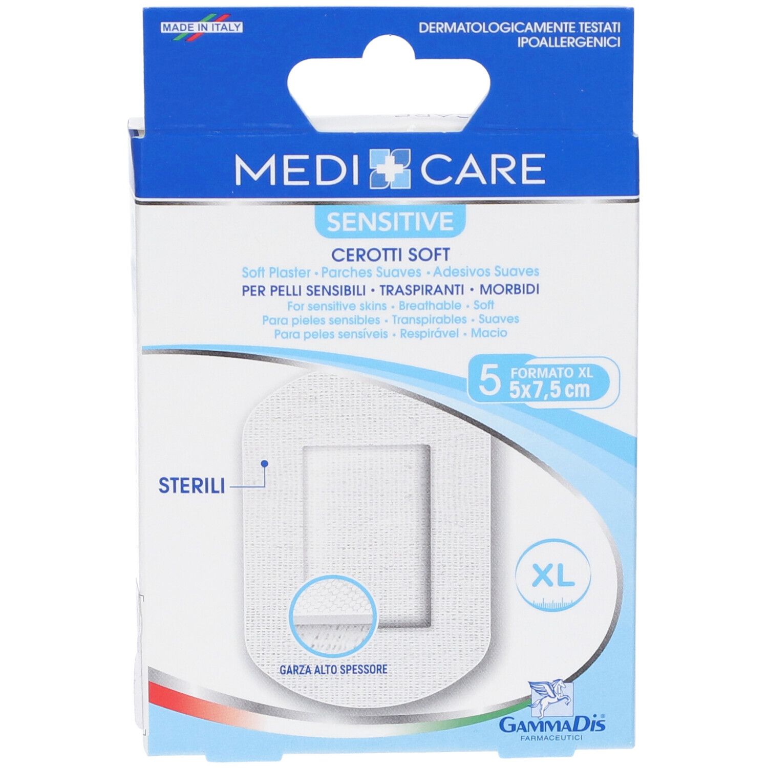 Verpackung mit Pflastern. Marke Medicare Sensitive. 5 Stück, 5x7,5 cm. Weiches, steriles Pflaster. Dermatologisch getestet.