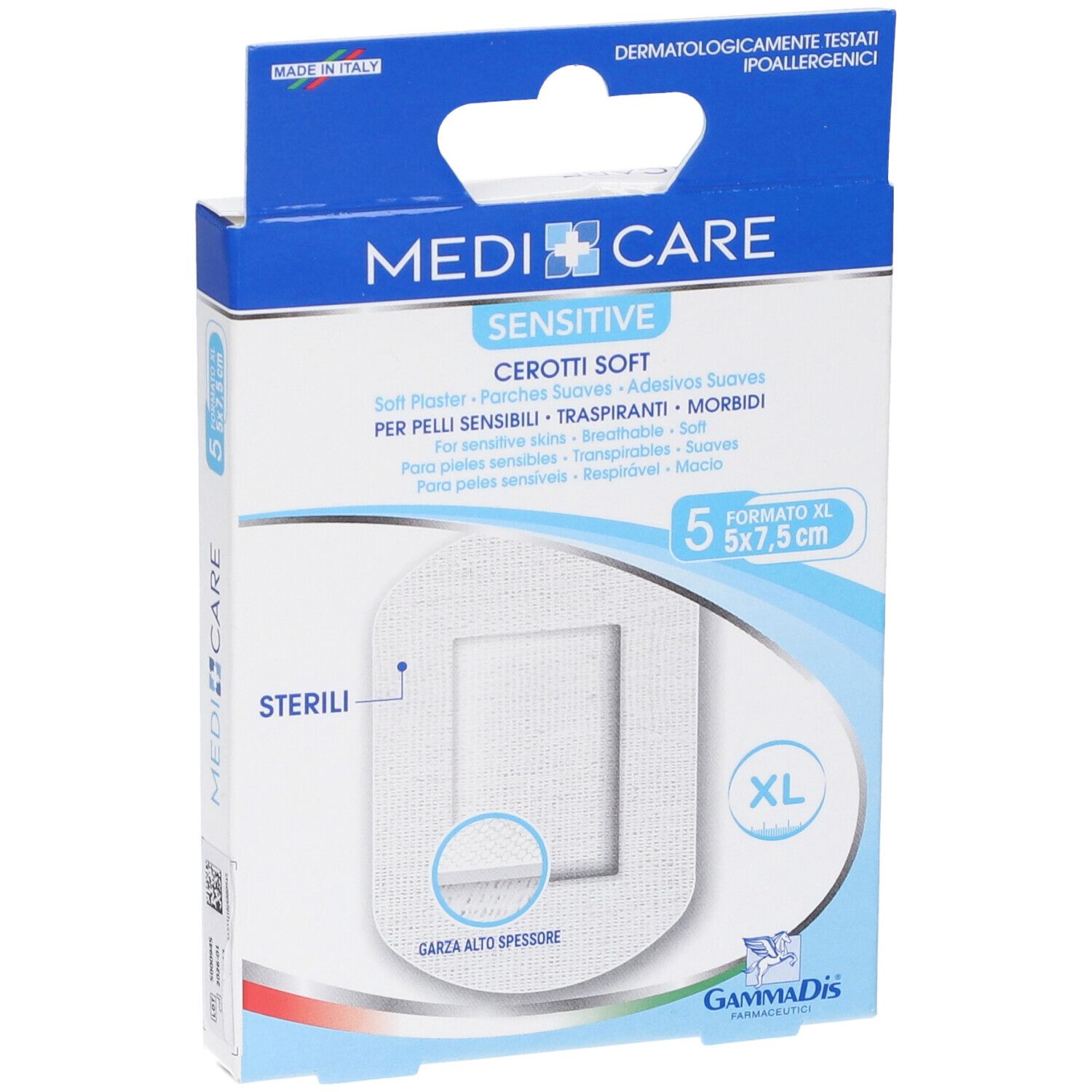Verpackung mit Pflastern. Marke Medicare Sensitive. 5 Stück, 5x7,5 cm. Weiches, steriles Pflaster. Dermatologisch getestet.
