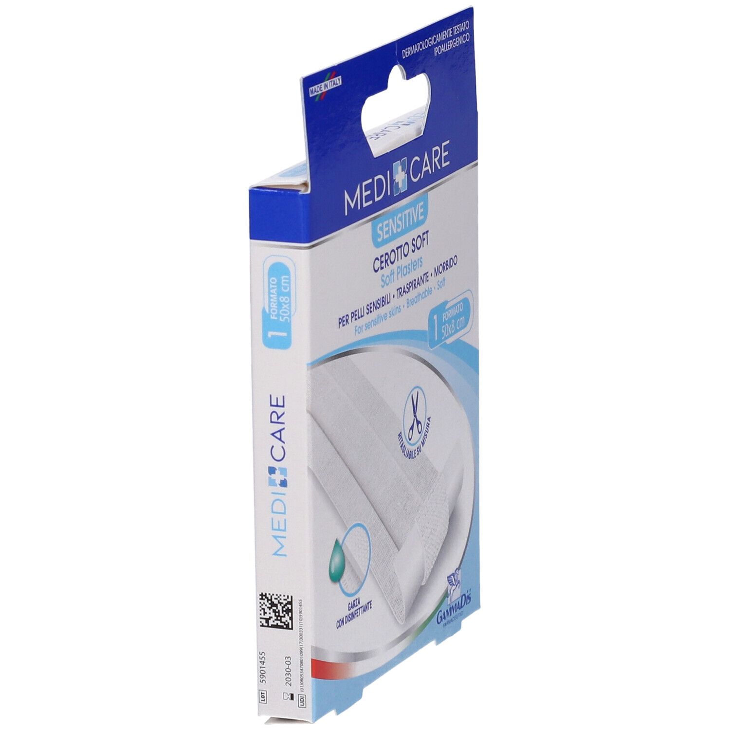 Seitenansicht der MEDICARE CEROTTO SOFT Verpackung. Zeigt die Größe 50x8 cm. Mit Barcode und Herstellerinformationen.