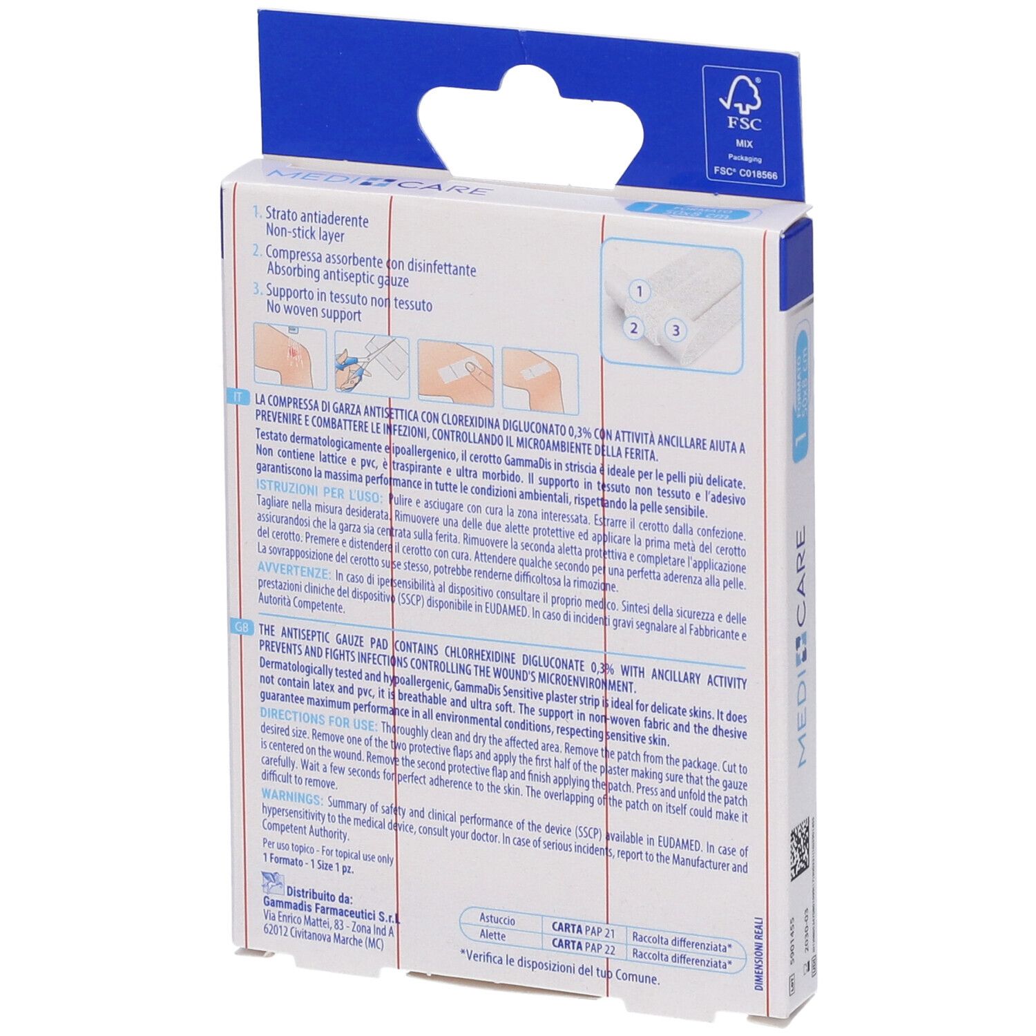 Rückseite der MEDICARE CEROTTO SOFT Verpackung. Enthält Anweisungen und Inhaltsstoffe. FSC-Zertifizierung.