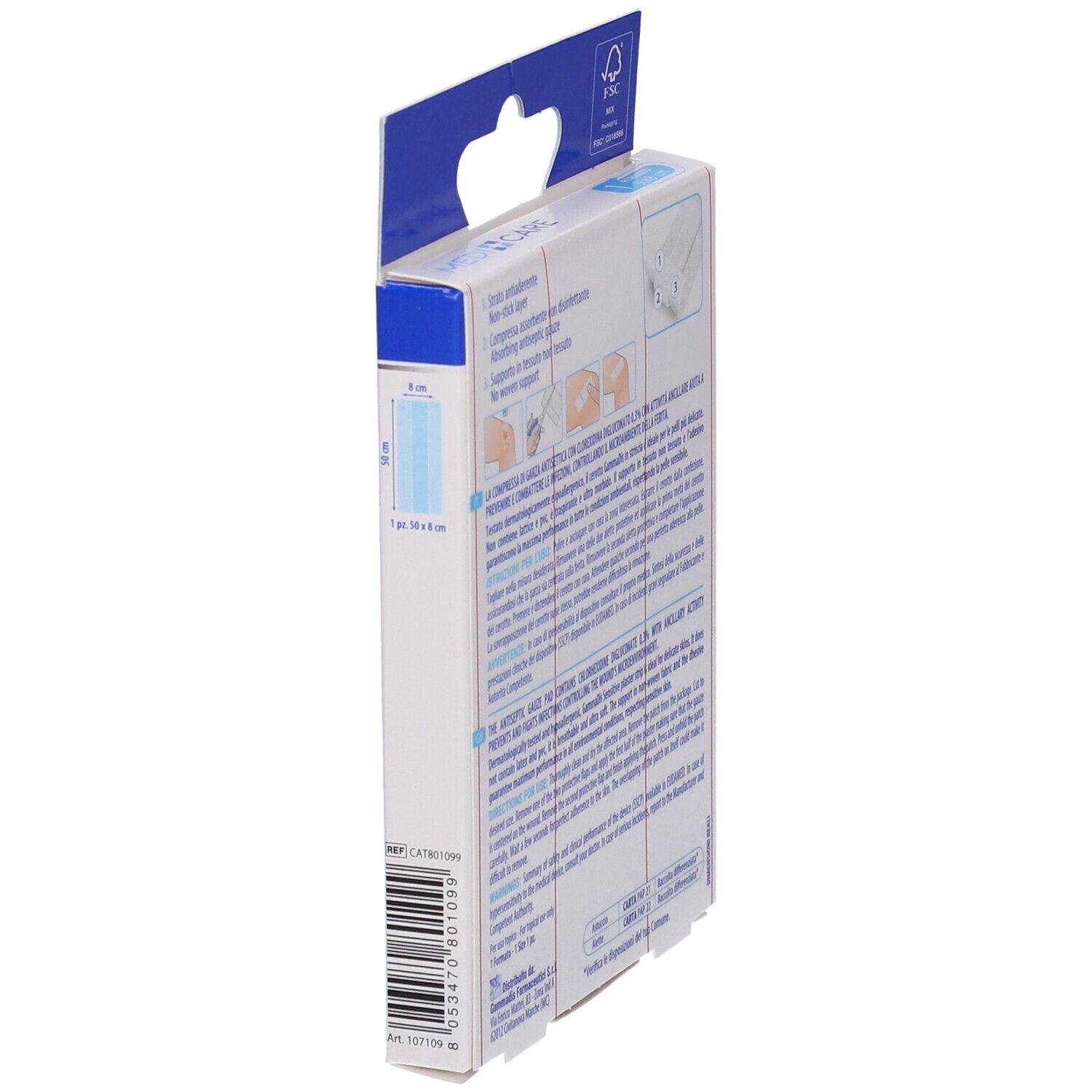 Seitenansicht der MEDICARE CEROTTO SOFT Verpackung. Zeigt Informationen und Anweisungen. Mit Barcode.