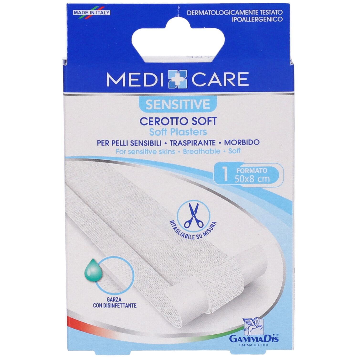 MEDICARE CEROTTO SOFT Verpackung. Enthält weiche Pflaster für empfindliche Haut. Größe 50x8 cm. Mit Schere-Symbol.