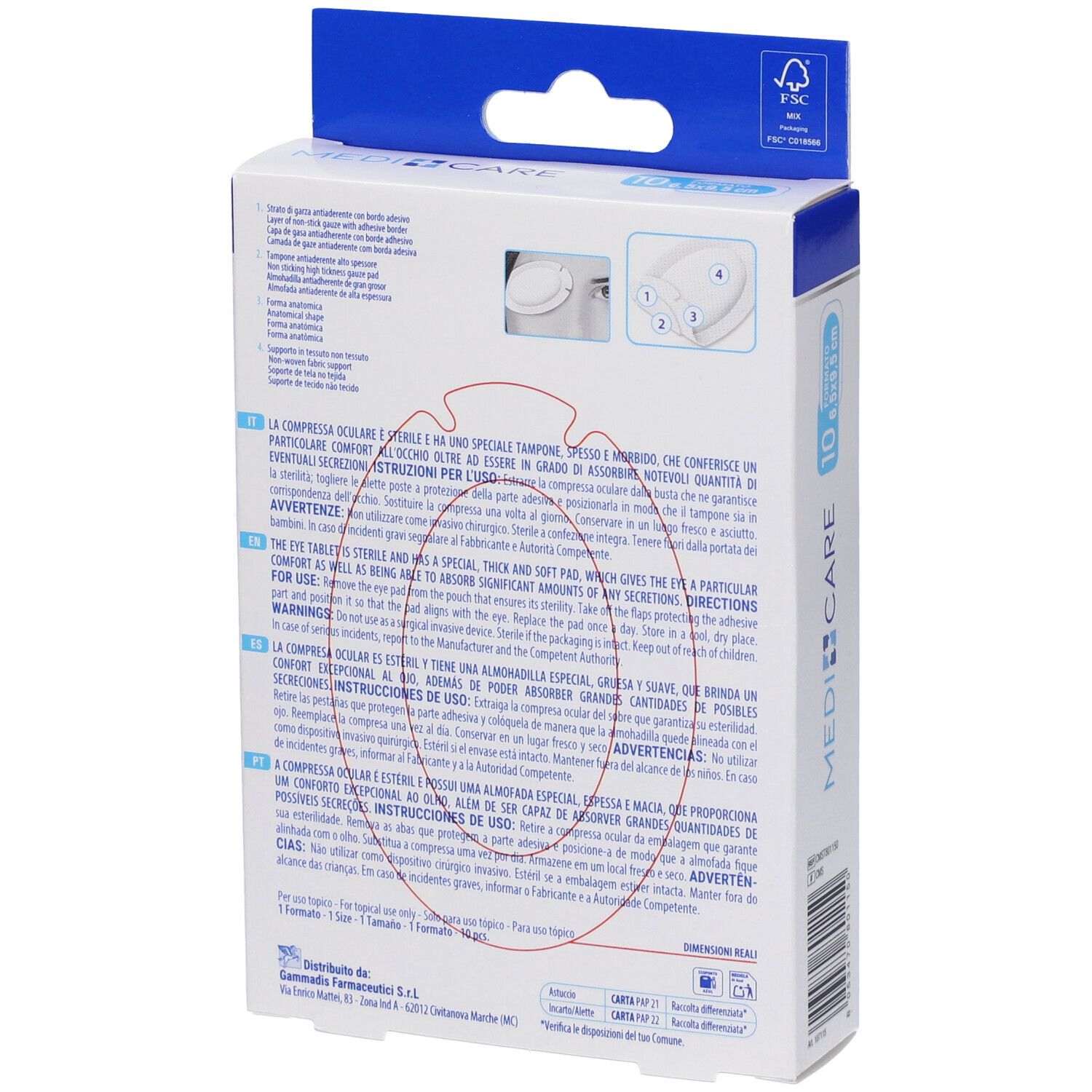 Rückseite der Verpackung von Medicare Sensitive Augenkompressen. Text in mehreren Sprachen. FSC-Logo.