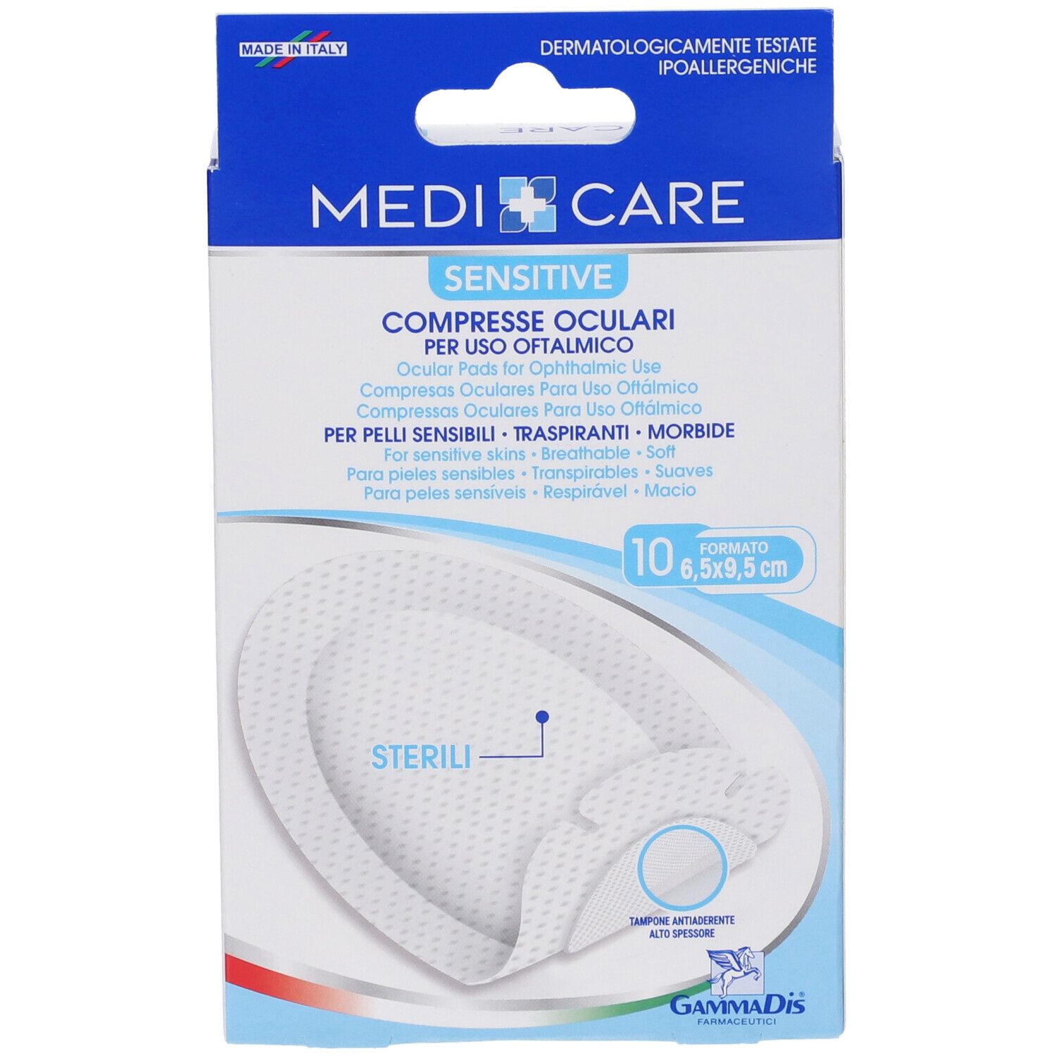 Verpackung von Medicare Sensitive Augenkompressen. 10 Stück, 6,5 x 9,5 cm. Für empfindliche Haut, atmungsaktiv, weich.