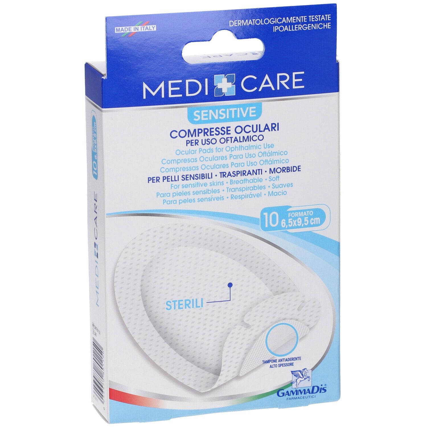 Verpackung von Medicare Sensitive Augenkompressen. 10 Stück, 6,5 x 9,5 cm. Für empfindliche Haut, atmungsaktiv, weich.