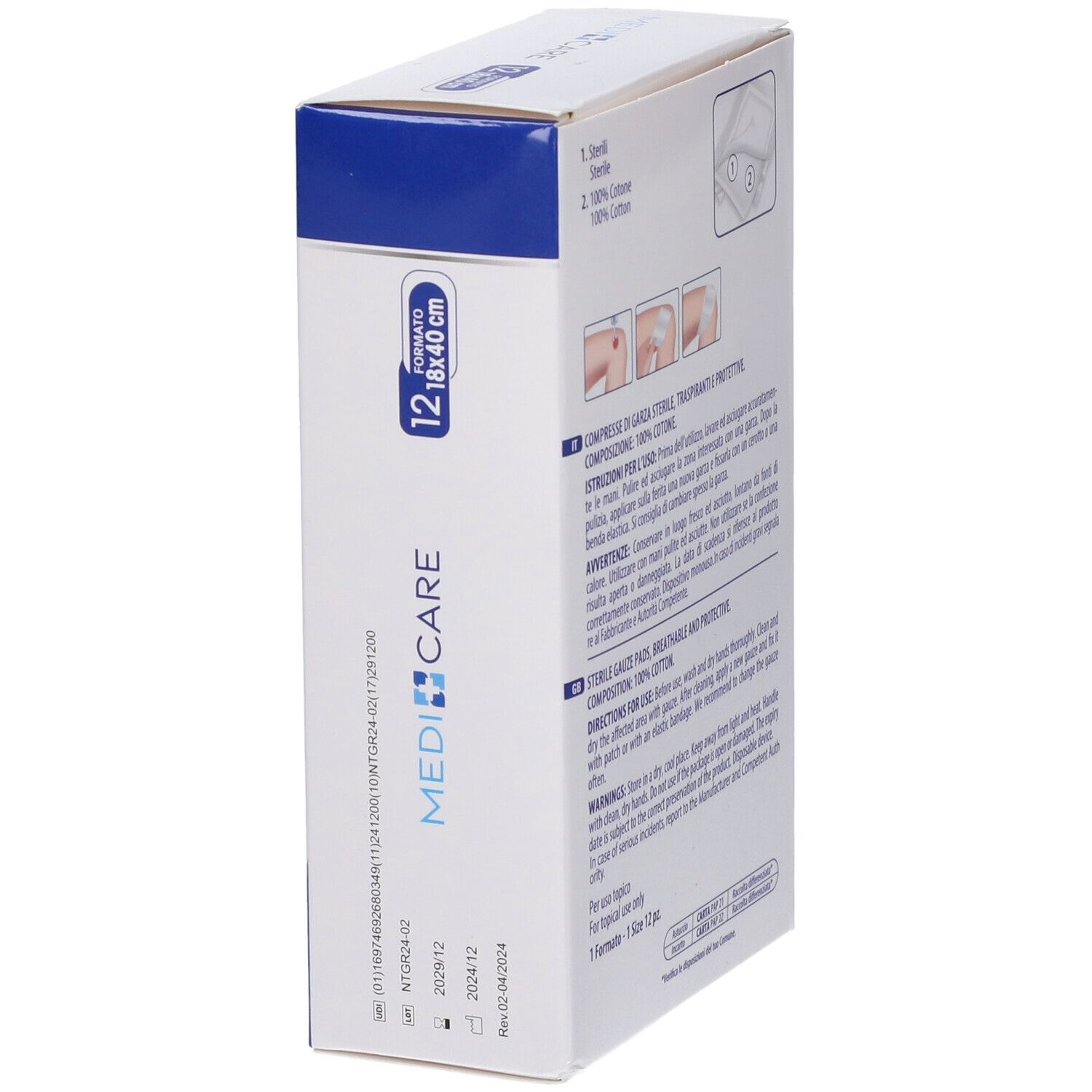 Verpackung mit Gazekompressen. Marke Medi Care. 12 Stück, 18x40 cm. Produktabbildung und Informationen.