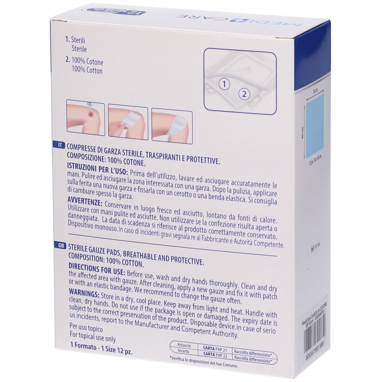 Rückseite der MEDI CARE Kompressen-Verpackung. Gebrauchsanweisung und Inhaltsstoffe. 100% Baumwolle.
