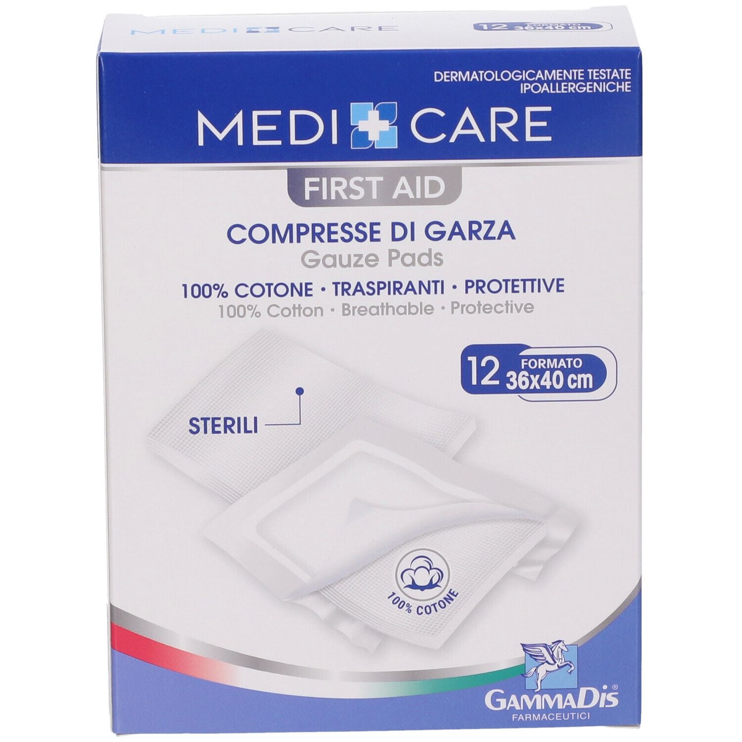 Verpackung mit MEDI CARE Kompressen aus Baumwollgaze. 12 Stück, 36x40 cm. Dermatologisch getestet. Steril.