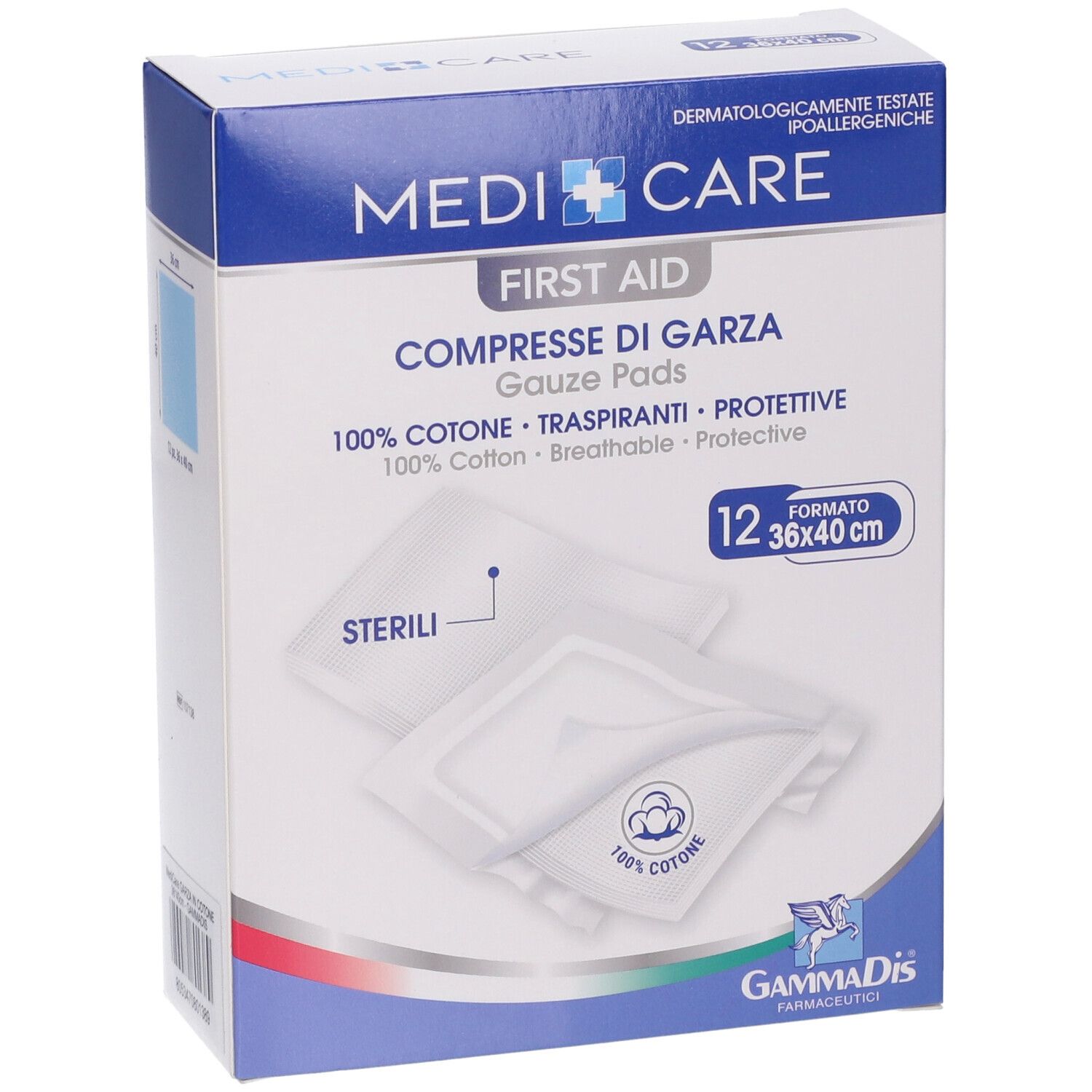 Verpackung mit MEDI CARE Kompressen aus Baumwollgaze. 12 Stück, 36x40 cm. Dermatologisch getestet. Steril.