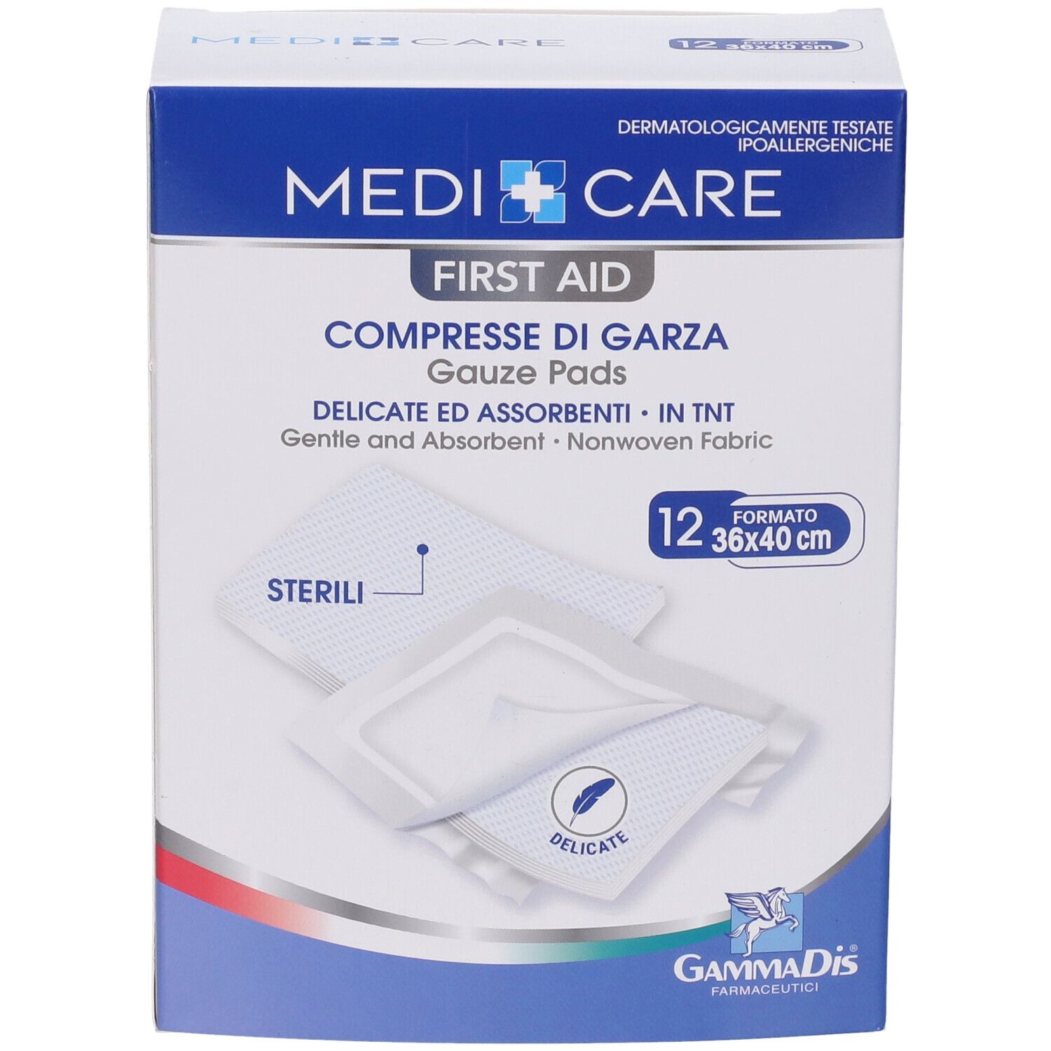 Verpackung mit 12 sterilen Gazekompressen. Größe 36x40 cm. Marke Medi Care. In TNT, zart und saugfähig.