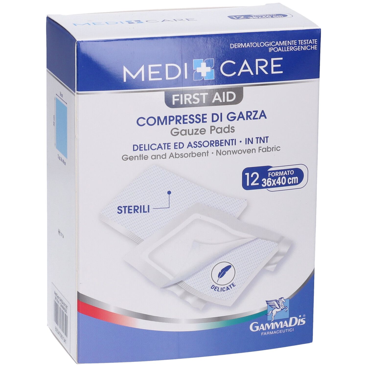 Verpackung mit 12 sterilen Gazekompressen. Größe 36x40 cm. Marke Medi Care. In TNT, zart und saugfähig.