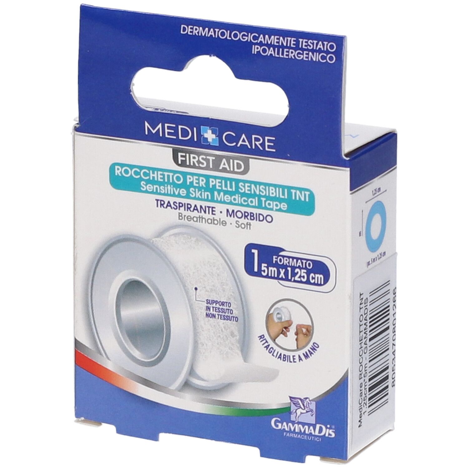 Verpackung von MEDICARE ROCC TNT BI. Medizinische Klebebandrolle für empfindliche Haut. 5m x 1,25cm. Dermatologisch getestet.