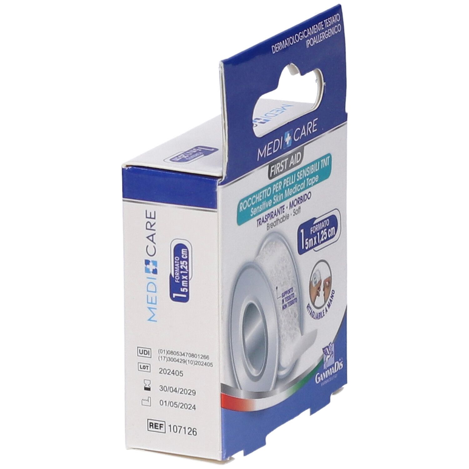 MEDICARE ROCC TNT BI Verpackung. Medizinische Klebebandrolle. 5m x 1,25cm. Aufdruck mit Haltbarkeitsdatum und REF-Nummer.
