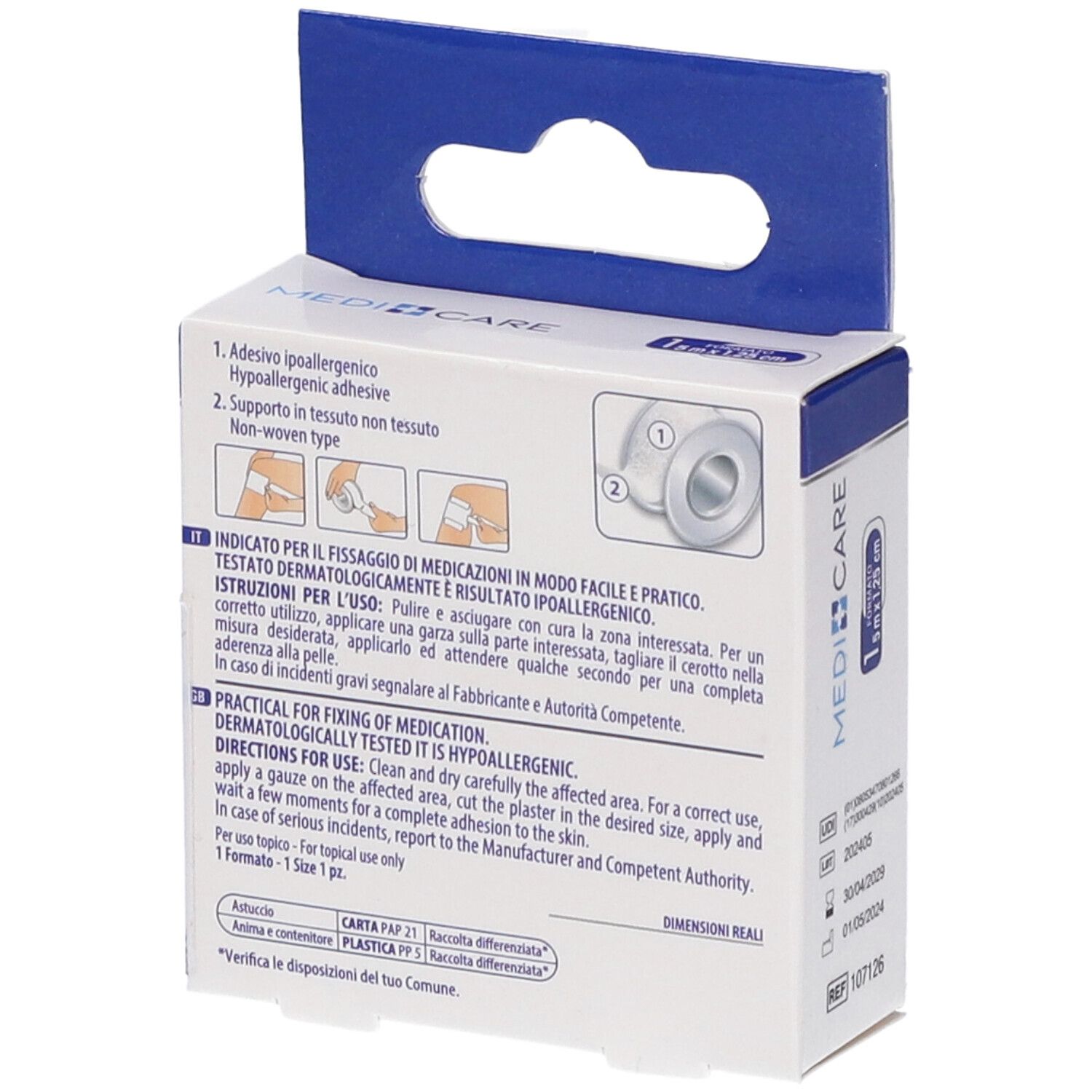 Rückseite der MEDICARE ROCC TNT BI Verpackung. Anweisungen und Piktogramme. Dermatologisch getestet. Für topische Anwendung.
