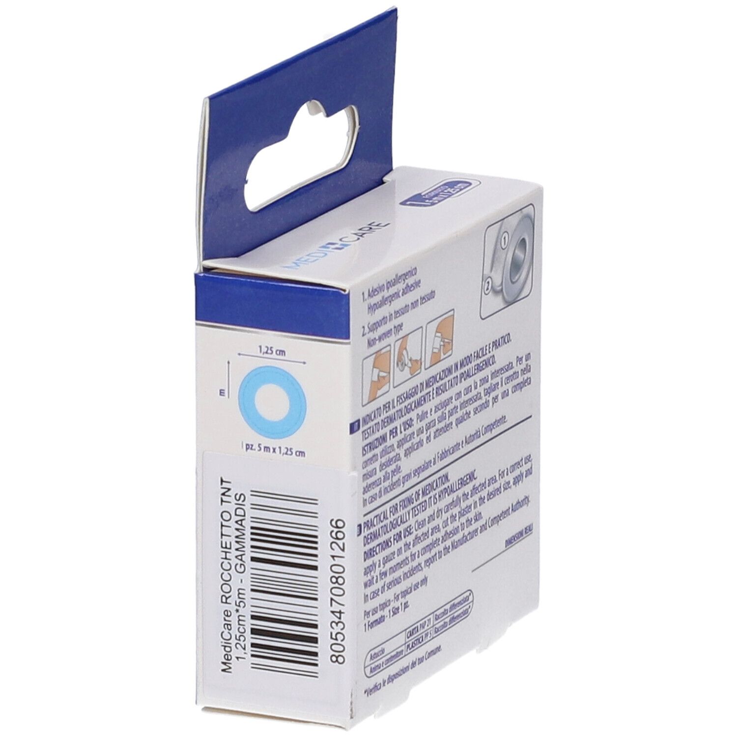 MEDICARE ROCC TNT BI Verpackung. Seitenansicht mit Produktmaßen. 1,25cm x 5m. Dermatologisch getestet.