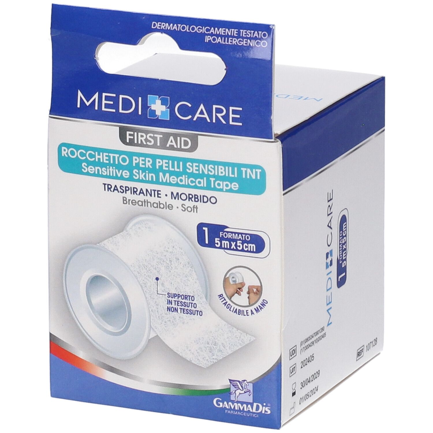 MEDICARE Erste-Hilfe-Rolle, 5x5cm, für empfindliche Haut. Verpackung mit Produktabbildung und Text. Dermatologisch getestet.