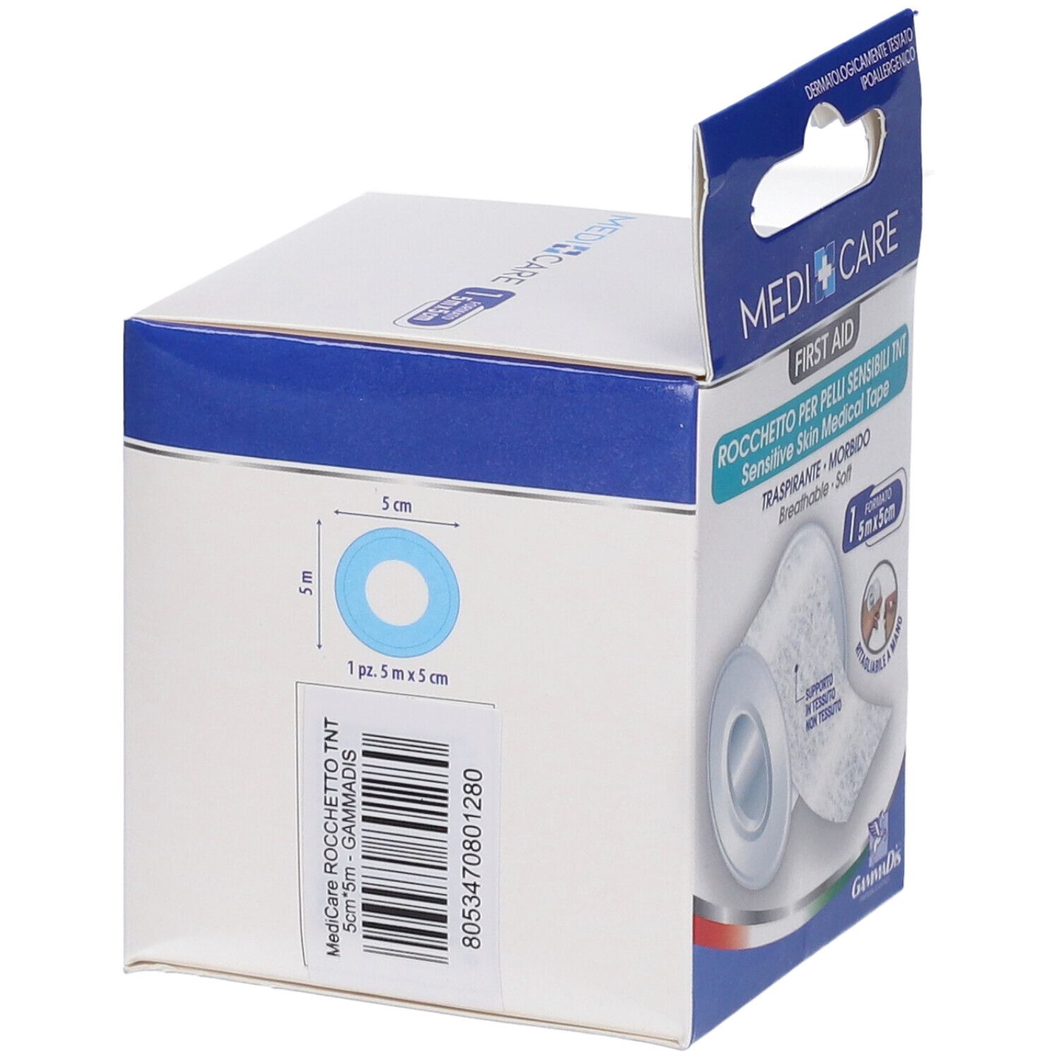 MEDICARE-Verpackung, Seitenansicht. Zeigt Produktabbildung und Größenangabe 5x5cm. Text: MEDICARE ROCC. TNT. 1 Rolle.