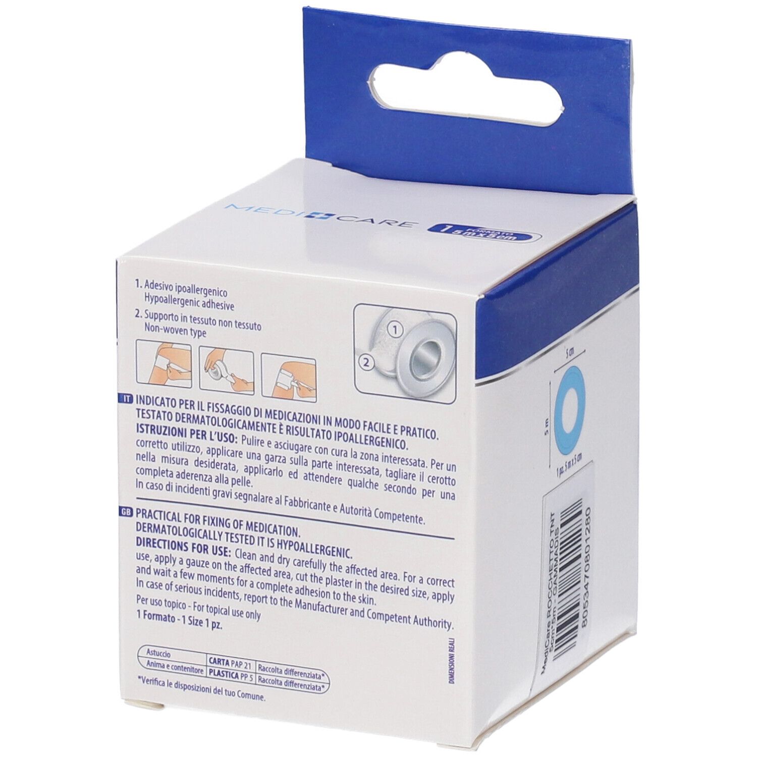 MEDICARE-Verpackung, Rückseite. Enthält Anweisungen und Produktinformationen. Abbildung des Produkts und Größenangabe 5x5cm.