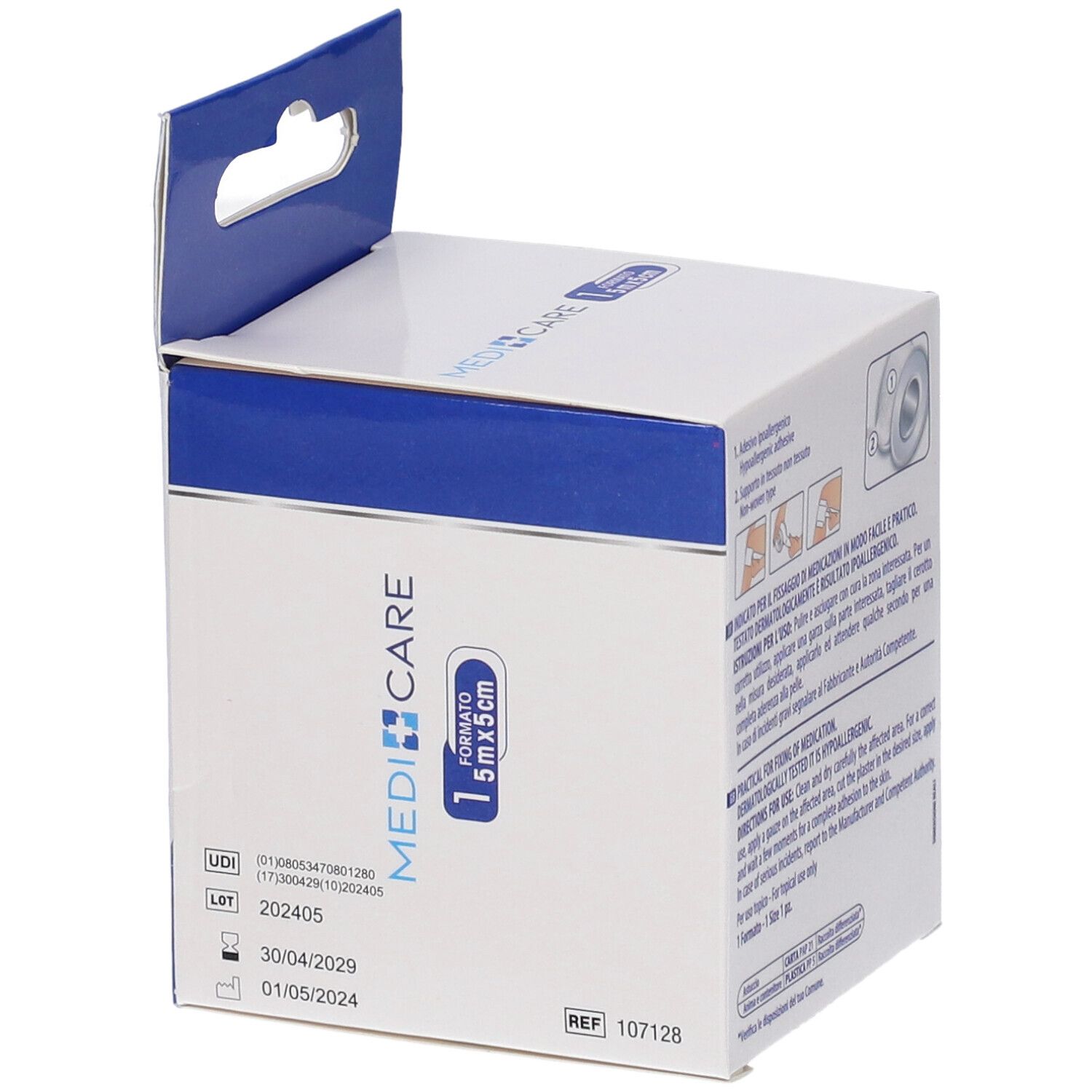 MEDICARE-Verpackung, Detailansicht. Zeigt Produktinformationen und Chargennummer. Größenangabe 5x5cm.