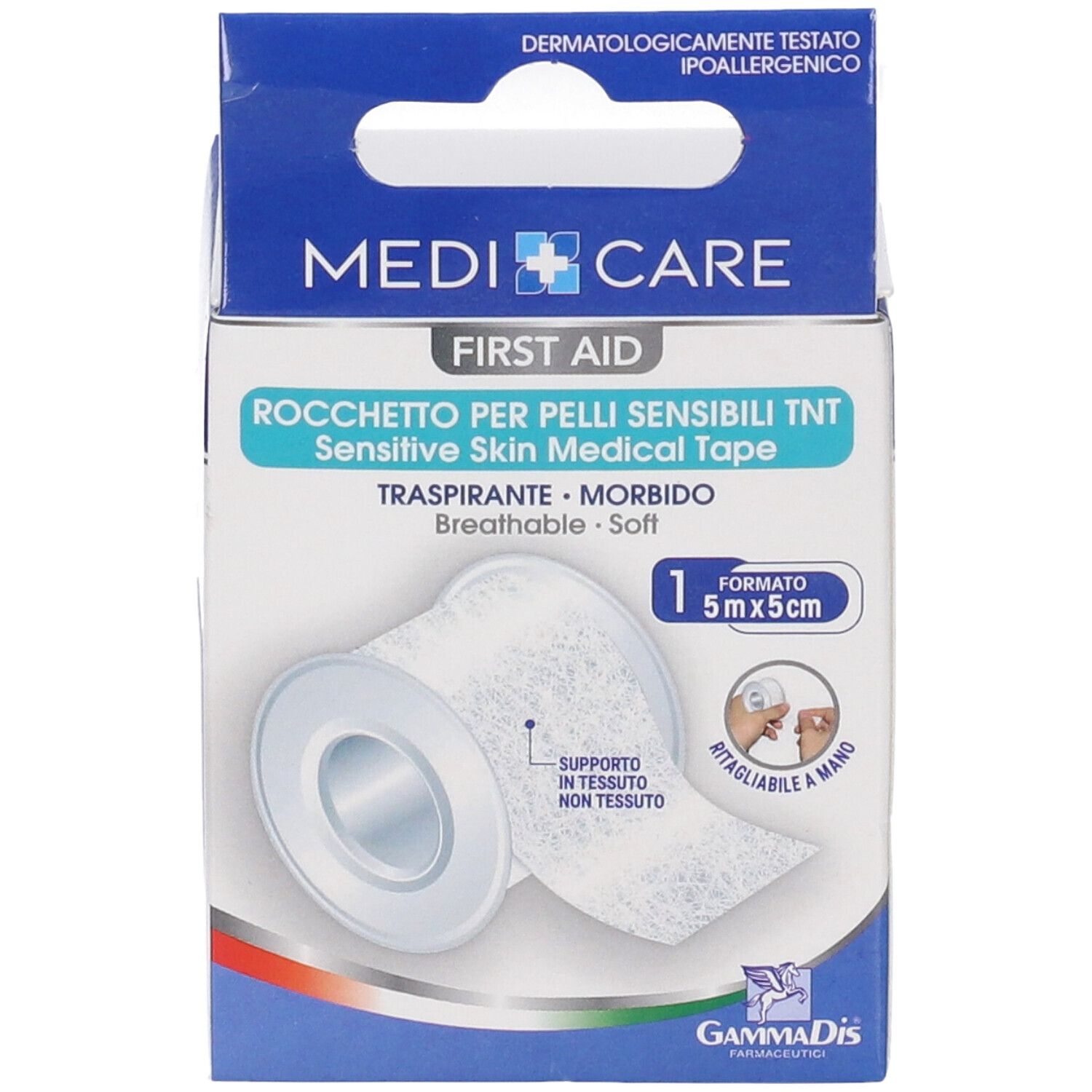 MEDICARE Erste-Hilfe-Rolle, 5x5cm, für empfindliche Haut. Verpackung mit Produktabbildung und Text. Dermatologisch getestet.
