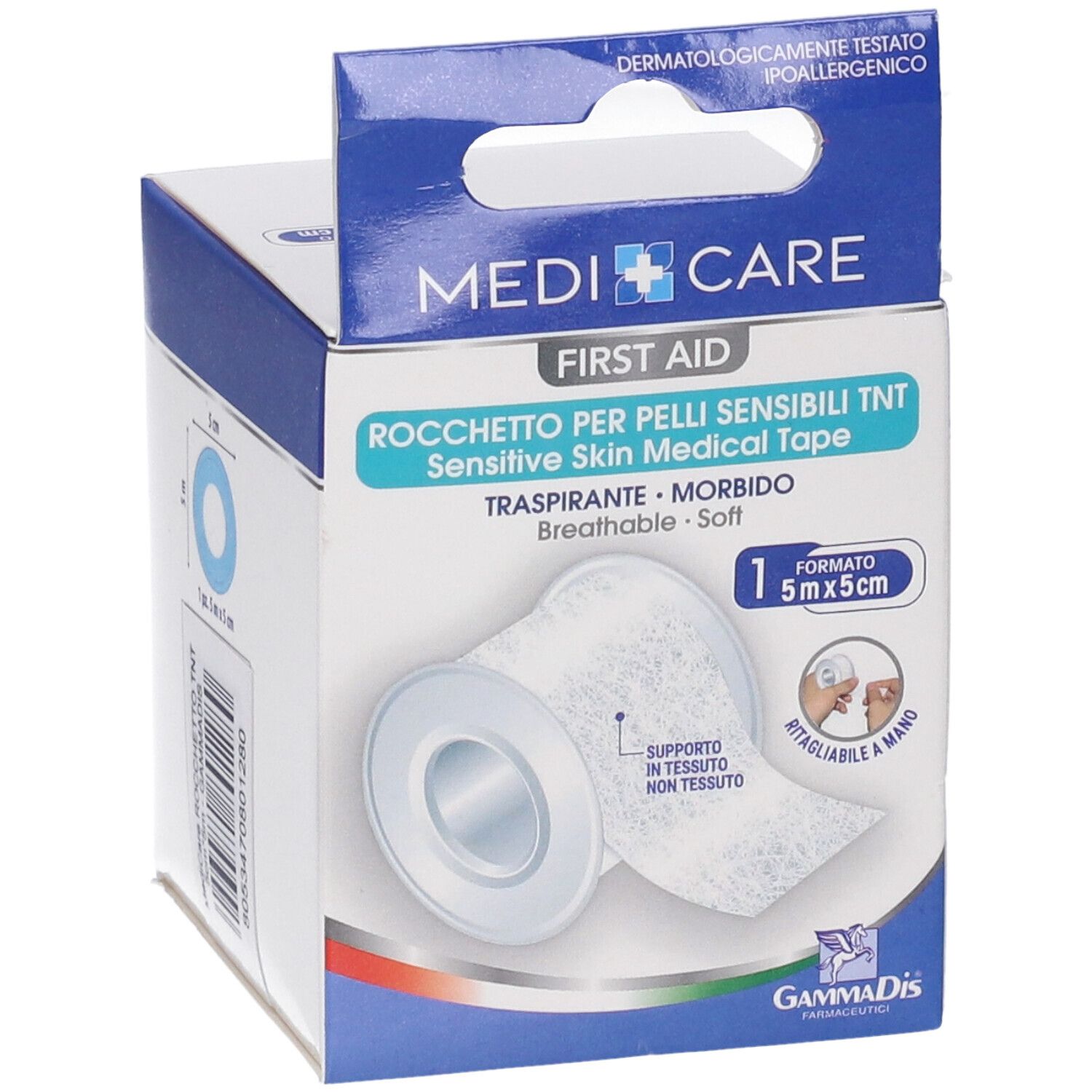 MEDICARE Erste-Hilfe-Rolle, 5x5cm, für empfindliche Haut. Verpackung mit Produktabbildung und Text. Dermatologisch getestet.