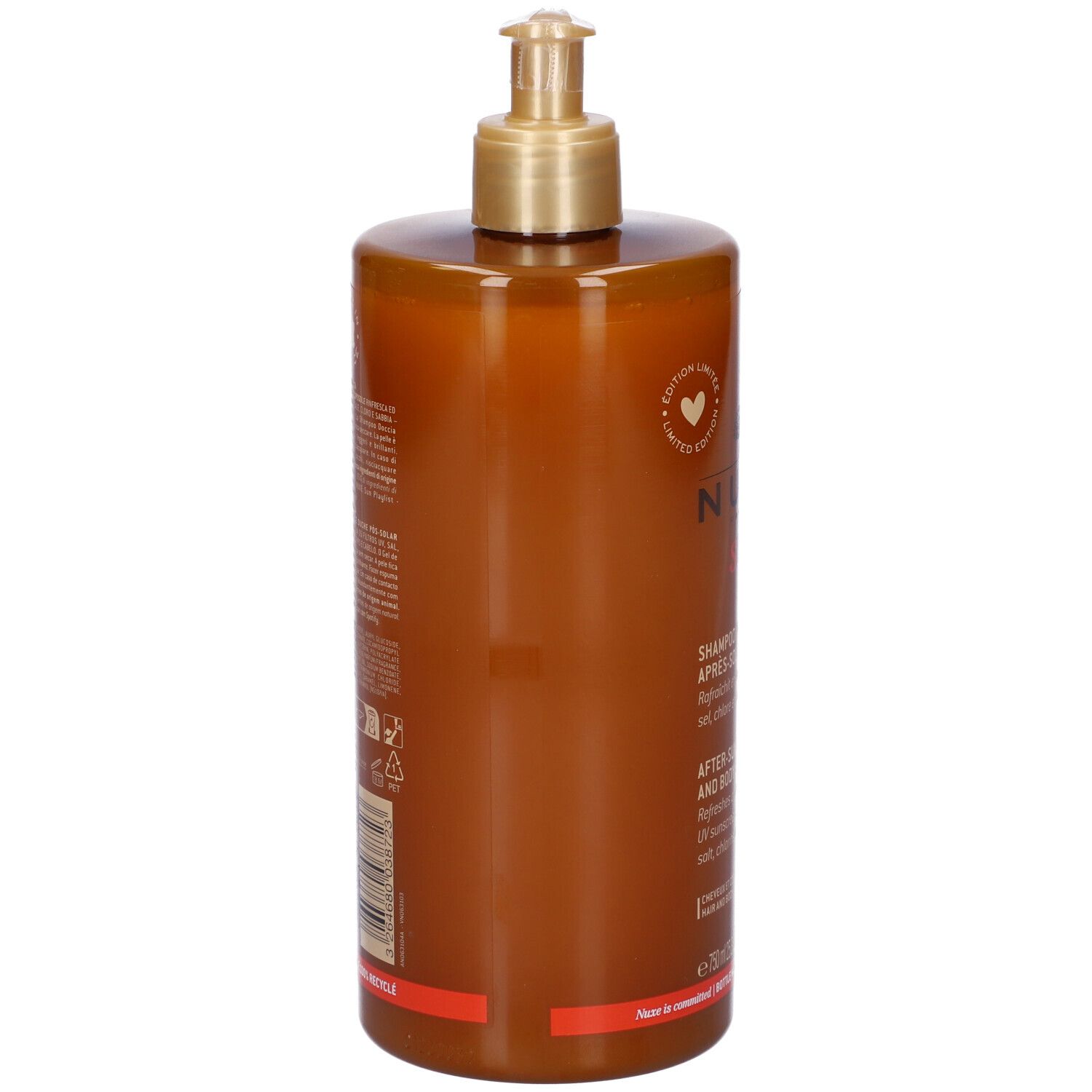 Flacone marrone con erogatore dorato. Etichetta con testo e simbolo a forma di cuore.