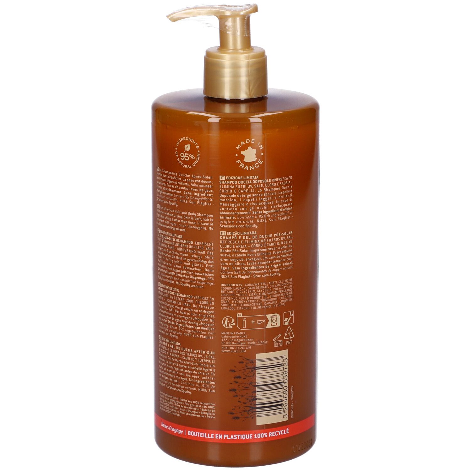 Flacone marrone con pompa dorata. Contiene shampoo per corpo e capelli. Prodotto in Francia.