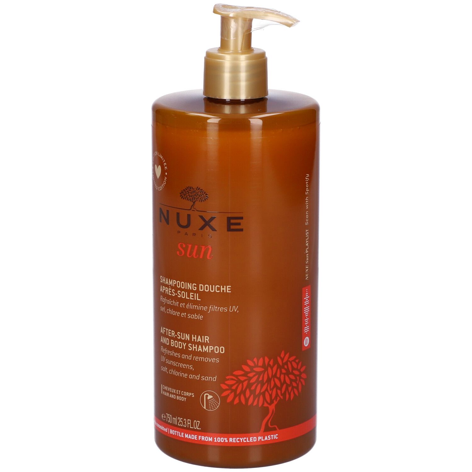 Nuxe Sun Shampoo Doccia Doposole in flacone marrone con dispenser a pompa. 750ml.