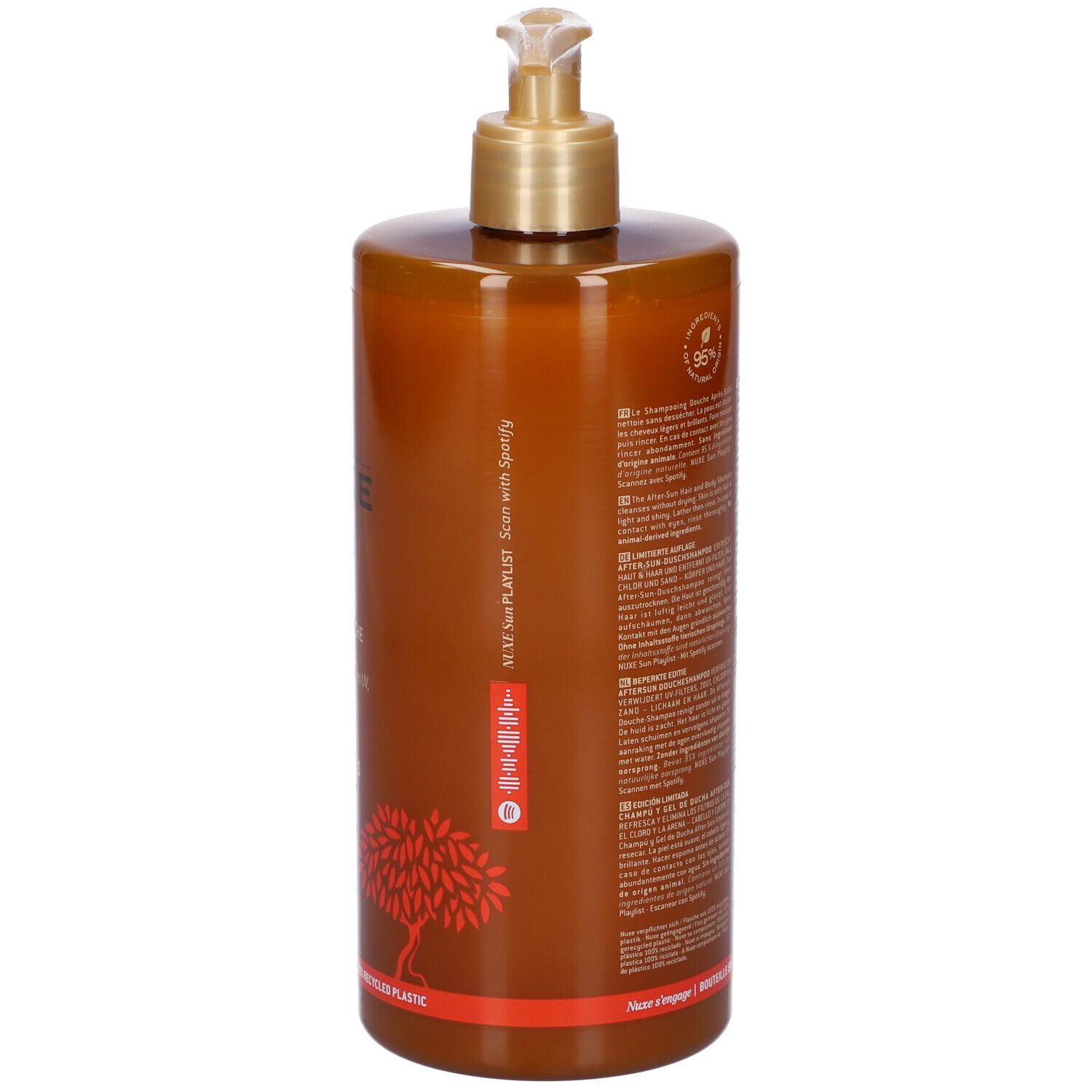 Flacone marrone con dispenser dorato. Stampa di albero rosso e testo sull'etichetta.