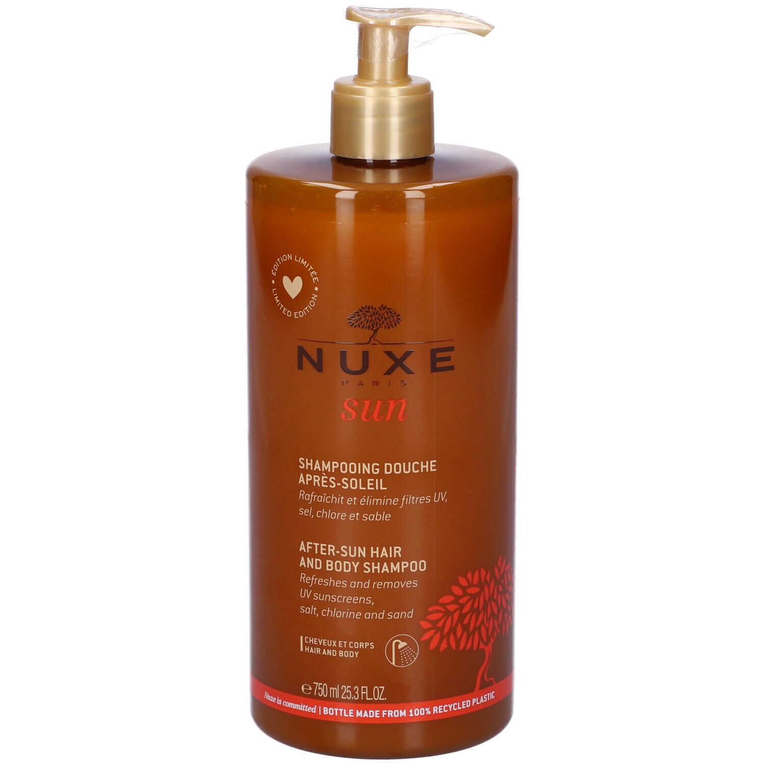 Nuxe Sun Shampoo Doccia Doposole in flacone marrone con erogatore a pompa. 750ml.