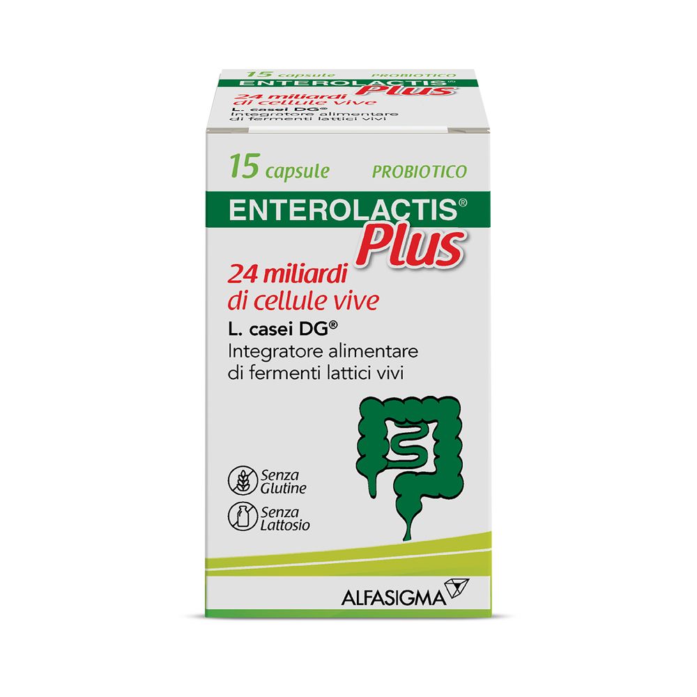 Scatola Enterolactis Plus, 15 capsule. Testo: 24 miliardi di cellule vive, L. casei DG. Senza glutine, senza lattosio.