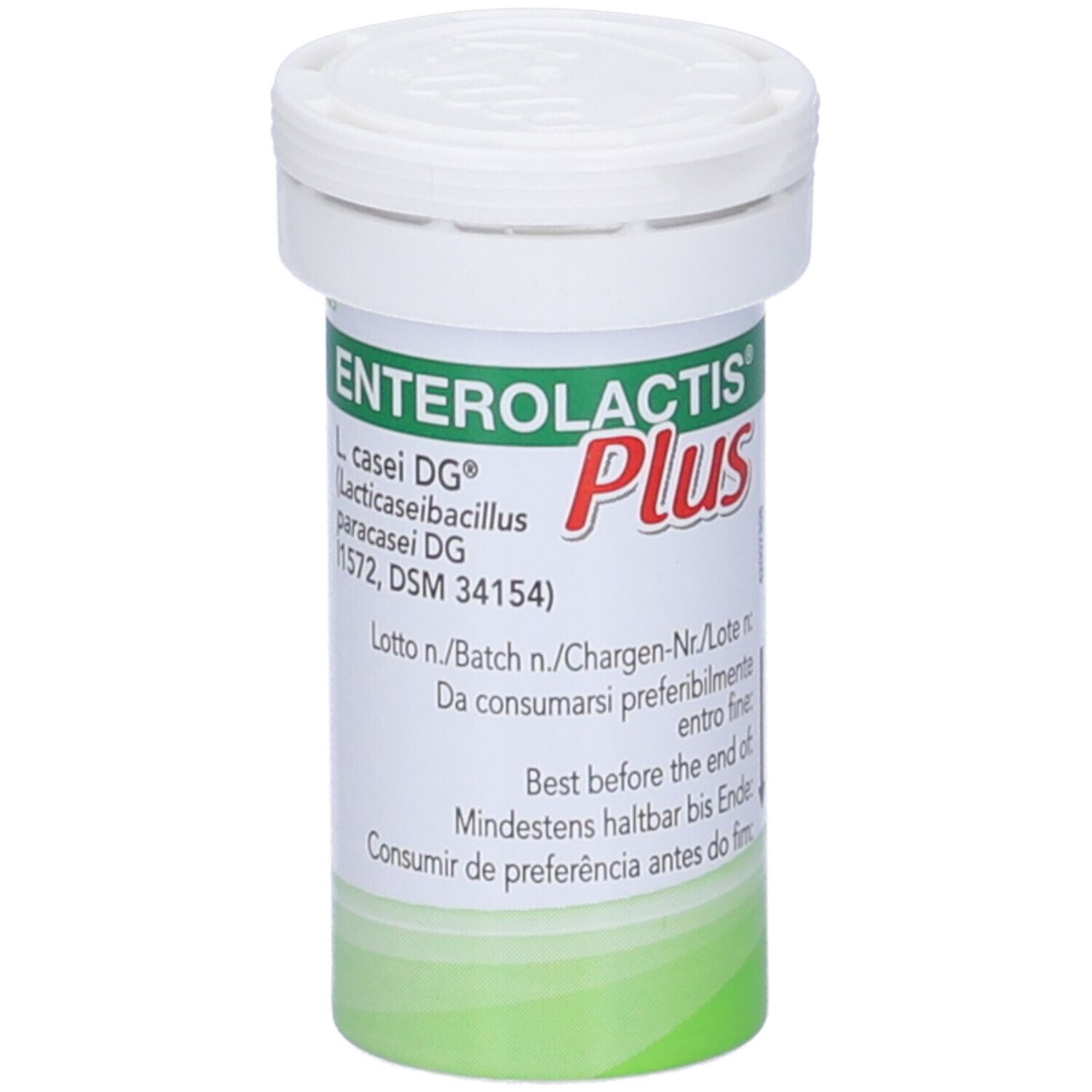 Prodotto Enterolactis Plus in flacone. Coperchio bianco, fascia verde. Testo: L. casei DG, scadenza.