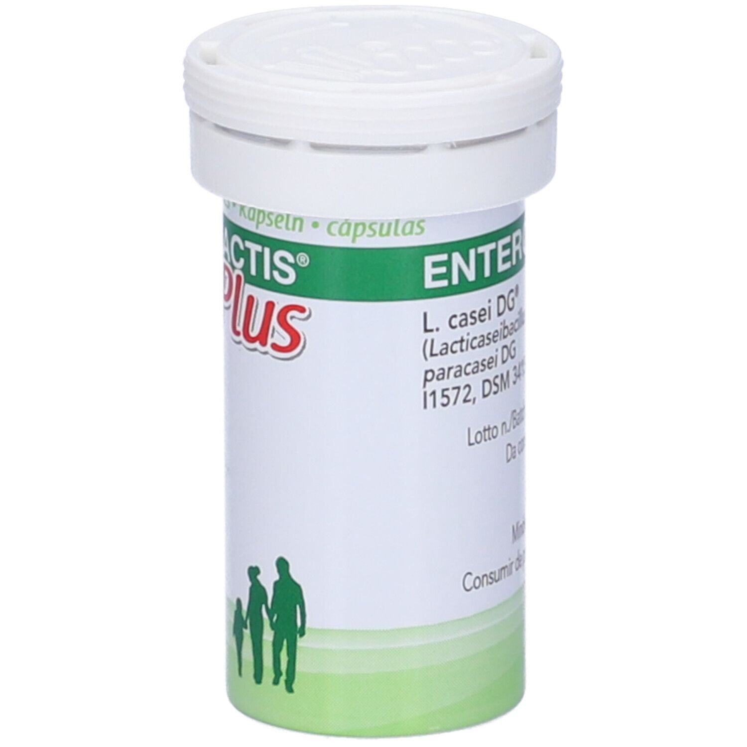 Prodotto Enterolactis Plus in flacone. Coperchio bianco, fascia verde. Testo: L. casei DG, scadenza.