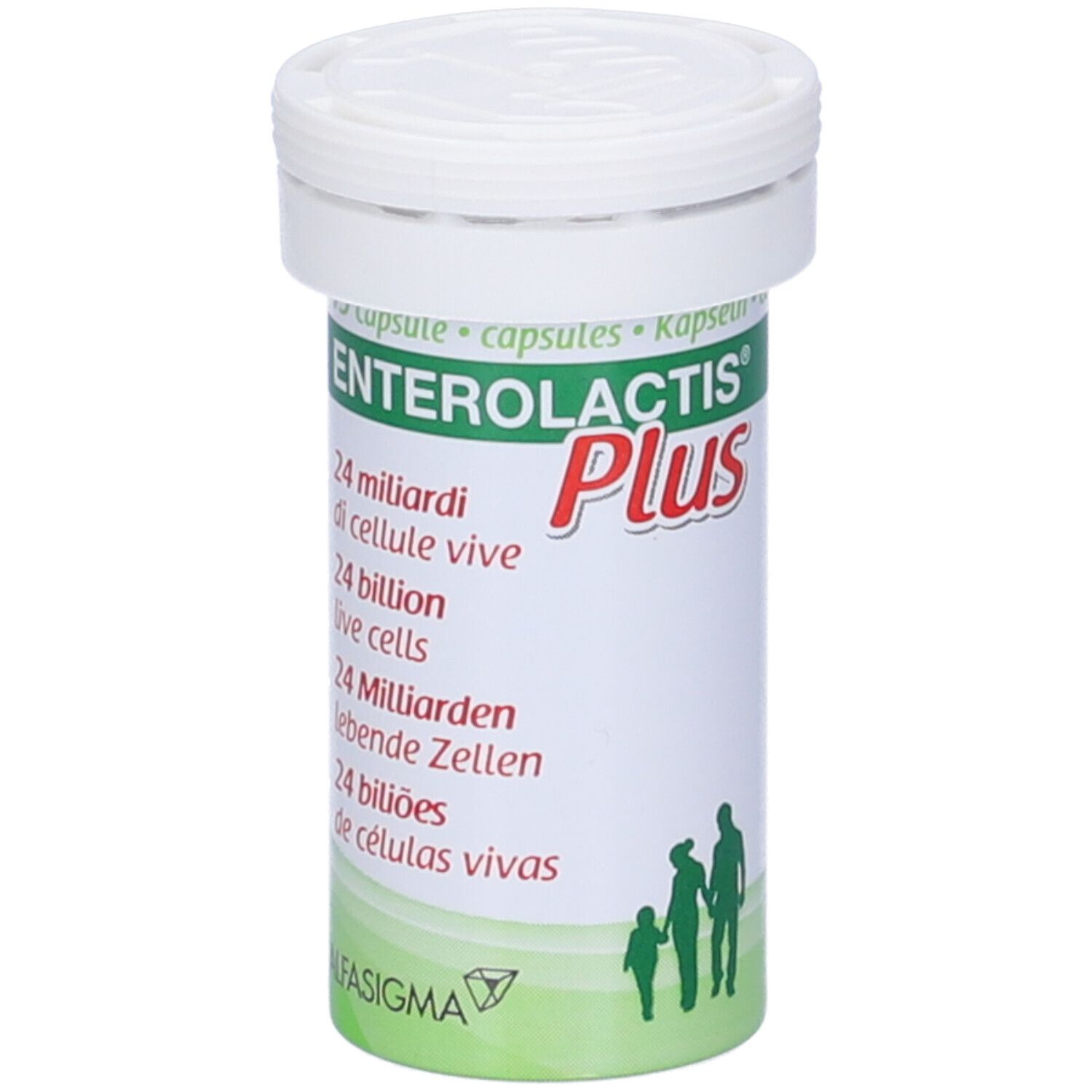 Prodotto Enterolactis Plus in flacone. Coperchio bianco, fascia verde. Testo: 24 miliardi di cellule vive.