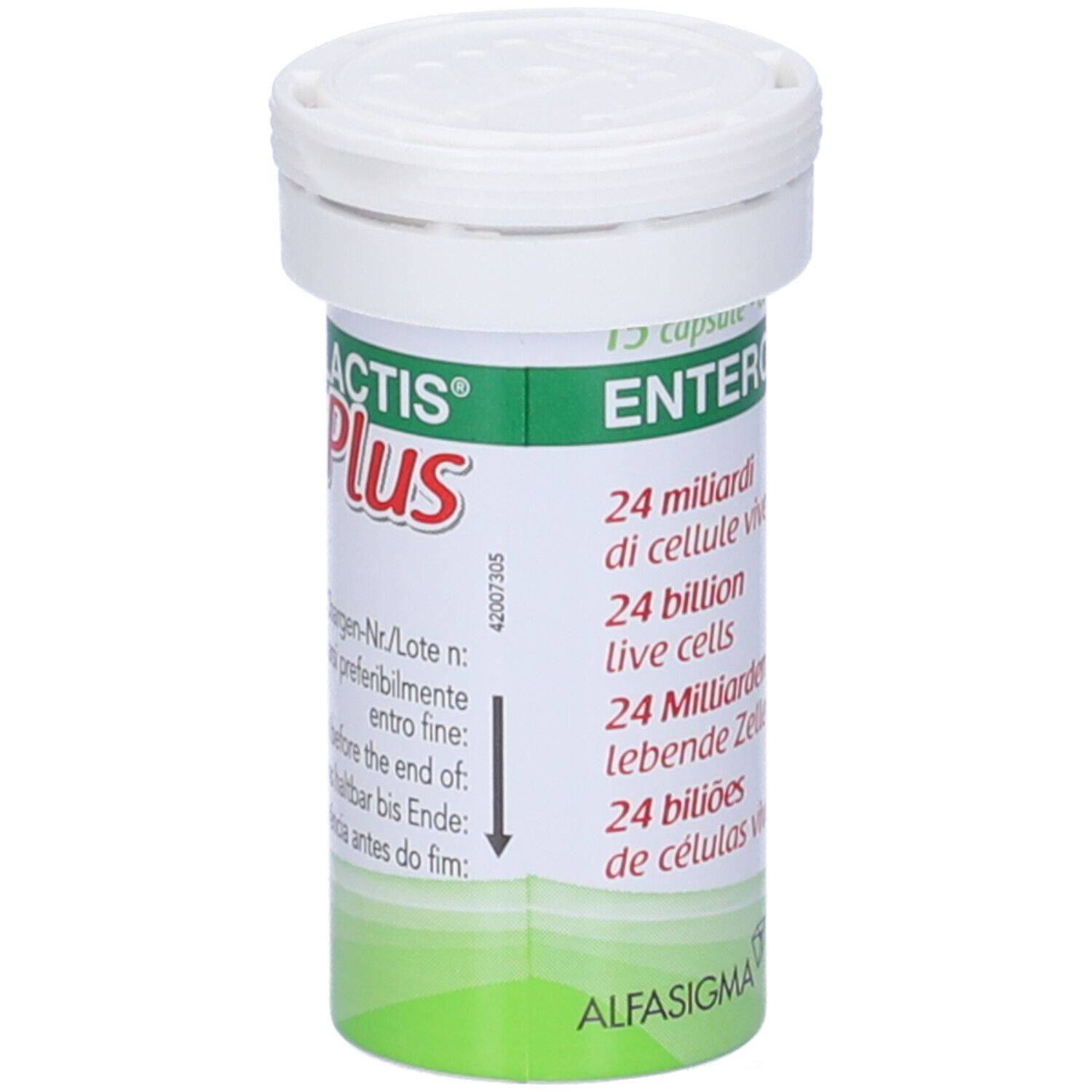 Prodotto Enterolactis Plus in flacone. Coperchio bianco, fascia verde. Testo: 24 miliardi di cellule vive.