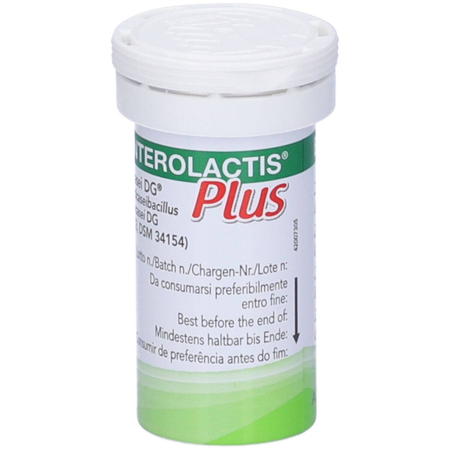 Prodotto Enterolactis Plus in flacone. Coperchio bianco, fascia verde. Testo: L. casei DG, scadenza.