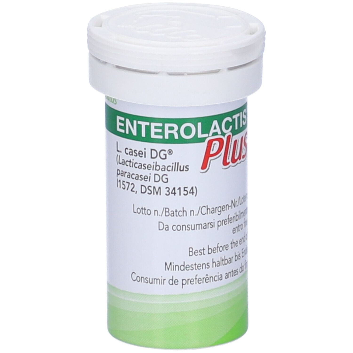 Prodotto Enterolactis Plus in flacone. Coperchio bianco, fascia verde. Testo: L. casei DG, scadenza.