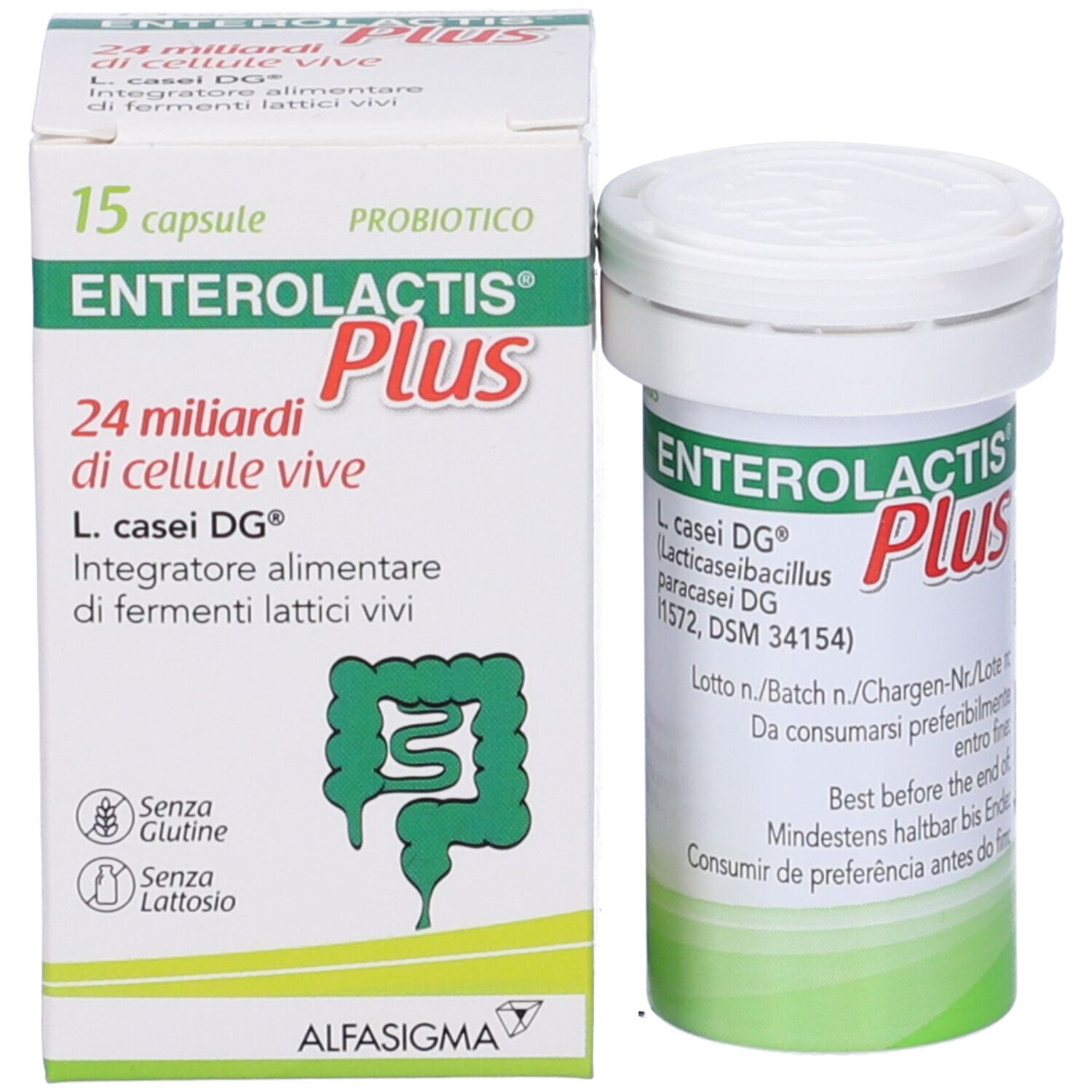 Prodotto Enterolactis Plus, flacone e scatola. Testo: 15 capsule, 24 miliardi di cellule vive, L. casei DG.