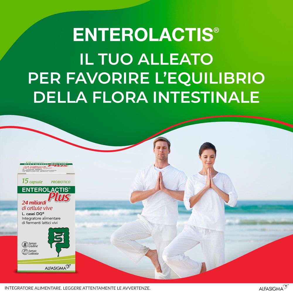 Immagine pubblicitaria Enterolactis Plus. Due persone in posa yoga. Testo: Favorisce l'equilibrio della flora intestinale.
