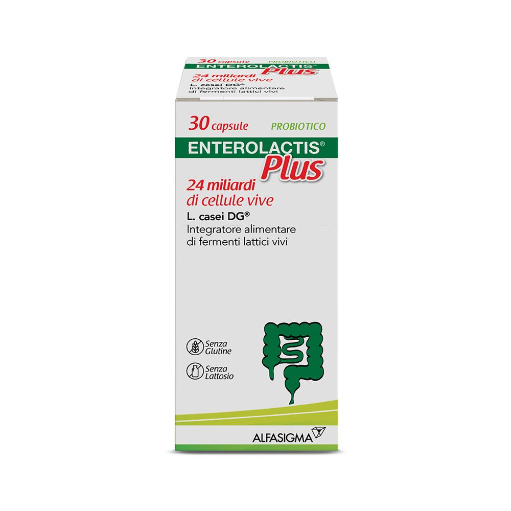 Enterolactis Plus, 30 capsule. Probiotico. Senza glutine, senza lattosio. Logo Alfasigma.