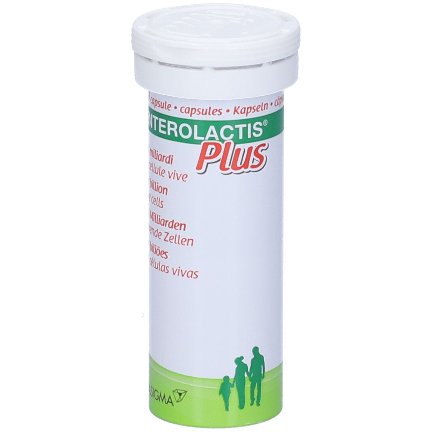 Confezione cilindrica Enterolactis Plus. Testo: 30 capsule, 24 miliardi di cellule vive. Alfasigma.