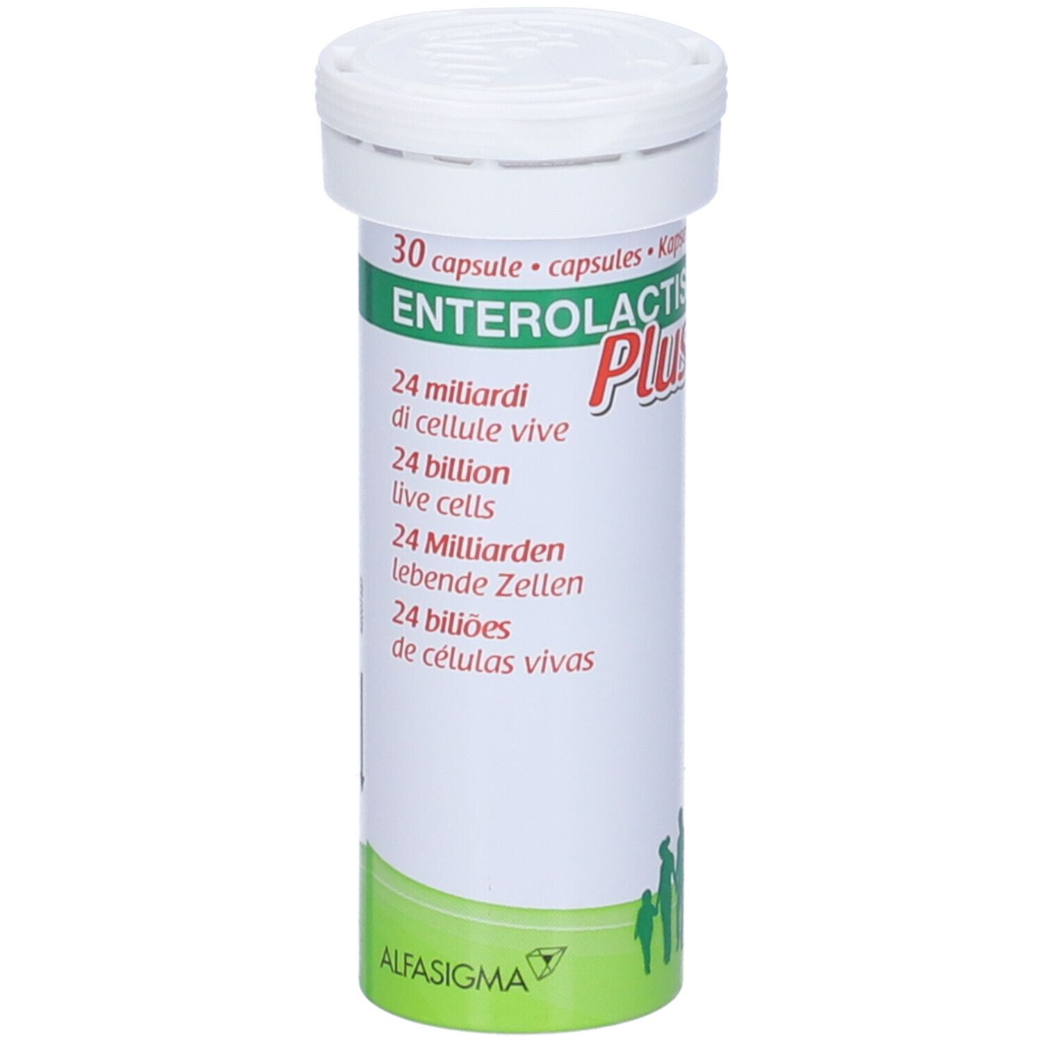 Confezione Enterolactis Plus e confezione cilindrica. 30 capsule. Probiotico. Logo Alfasigma.