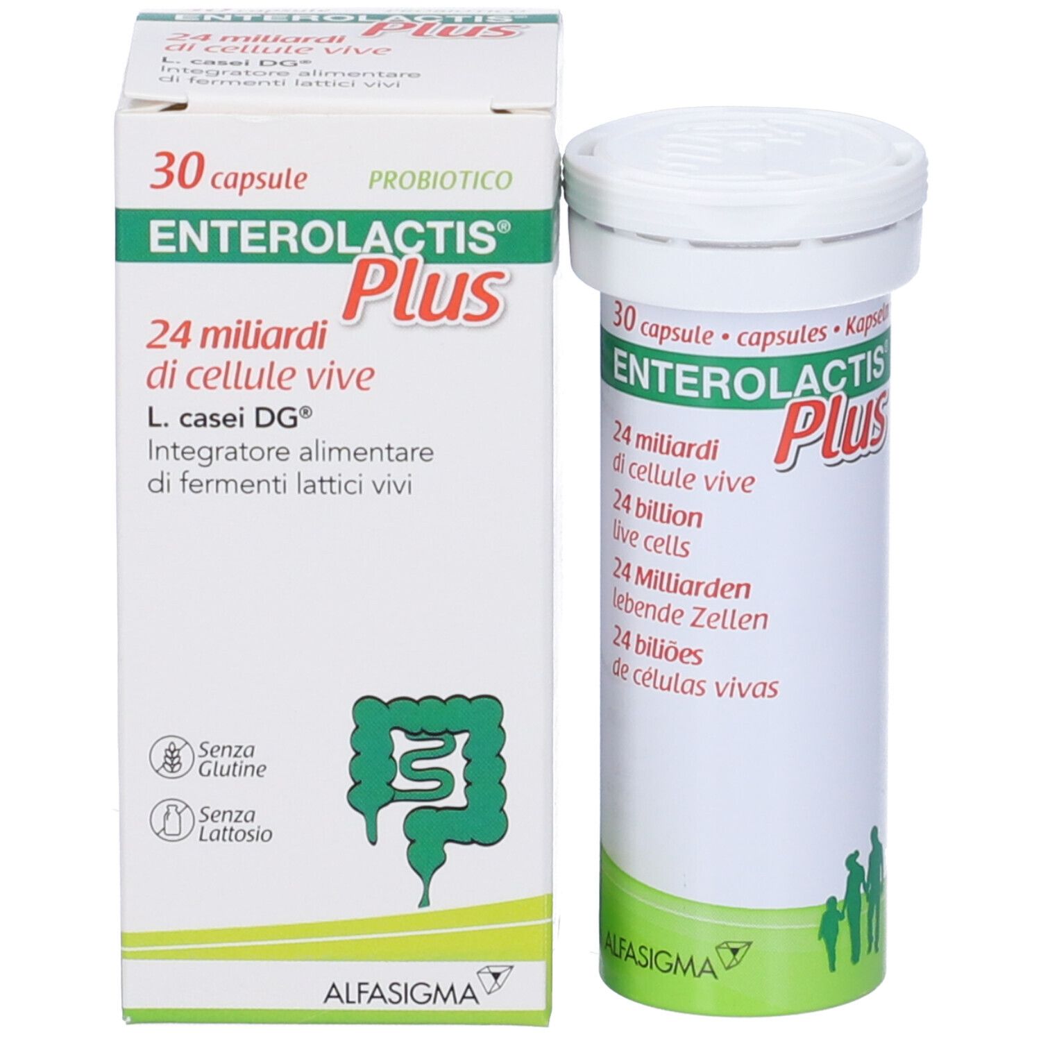 Enterolactis Plus, 30 capsule. Probiotico. Senza glutine, senza lattosio. Logo Alfasigma.