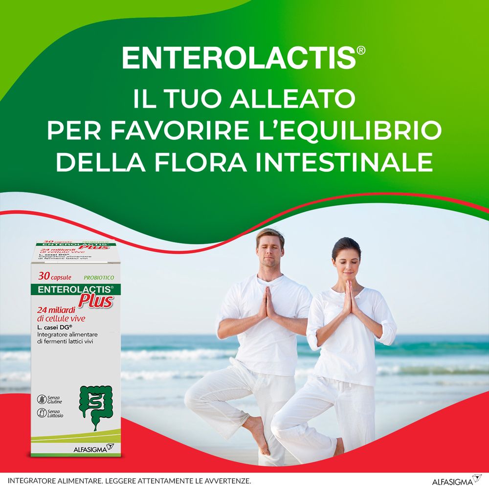 Confezione Enterolactis Plus con persone sulla spiaggia. Testo: 'Il tuo alleato per favorire l'equilibrio della flora intestinale'.
