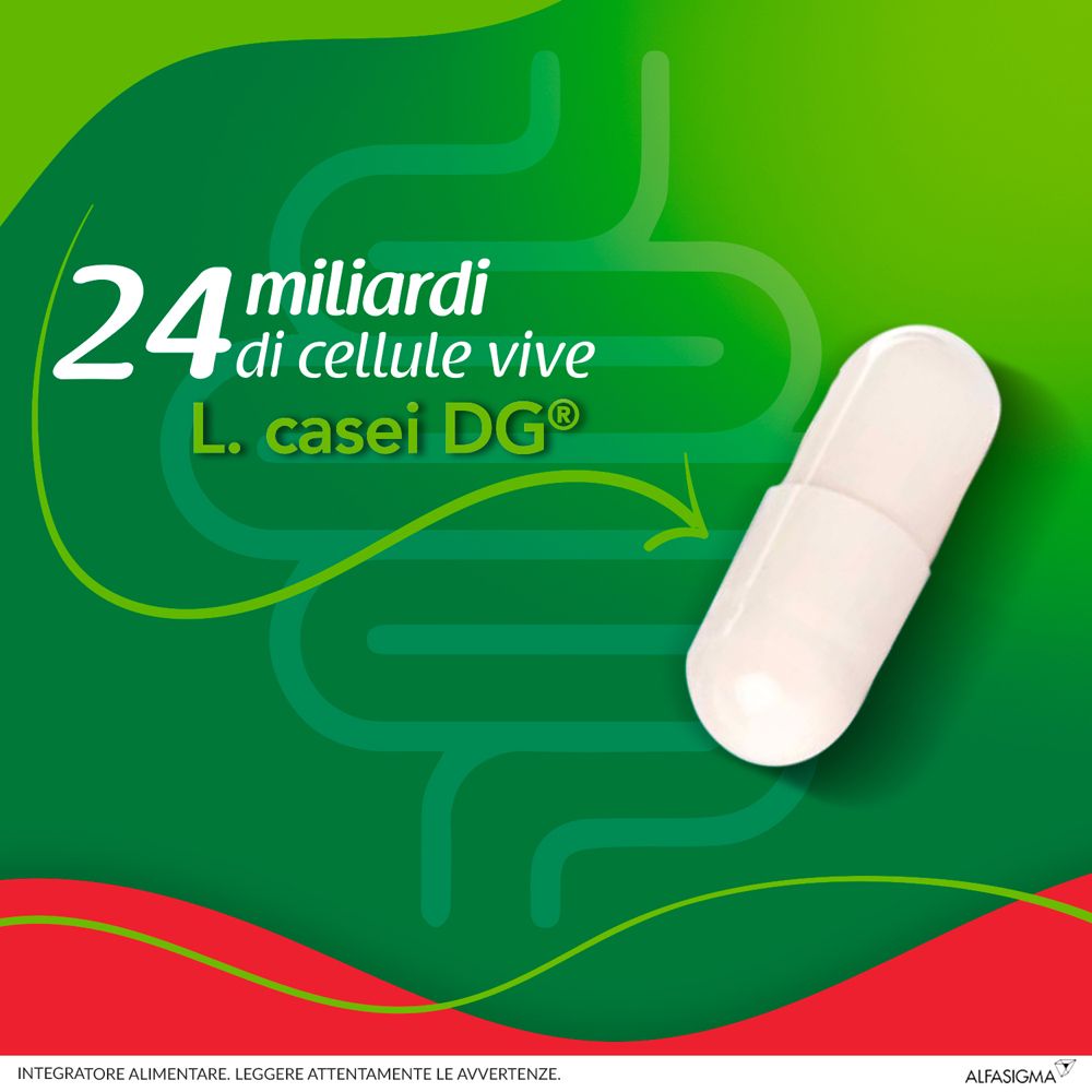 Capsula bianca con testo: '24 miliardi di cellule vive L. casei DG'. Sfondo verde.